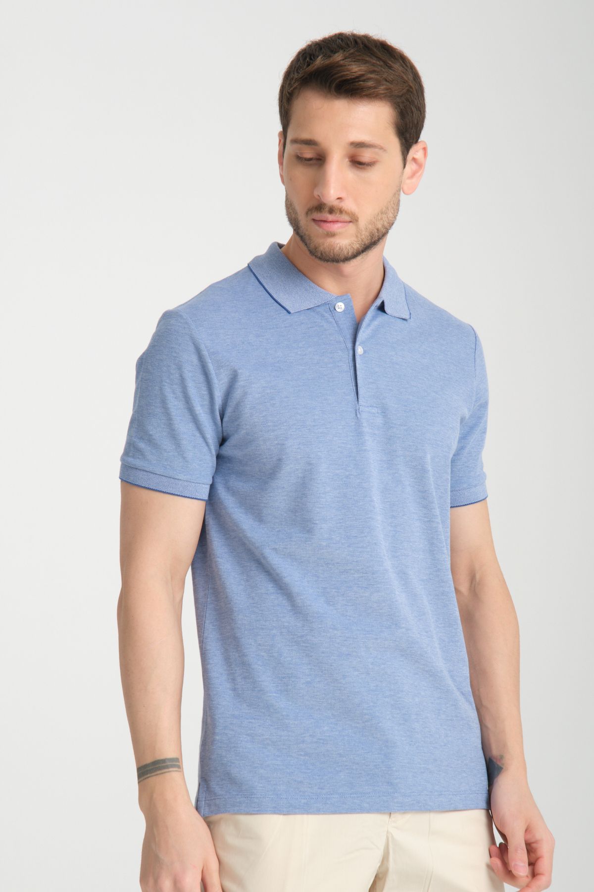 Frappoli Boggee Pedso Erkek Mavi İtalyan Yaka Çekmez Likralı %100 Pamuklu Kumaş Slim Fit Polo Yaka Tişört