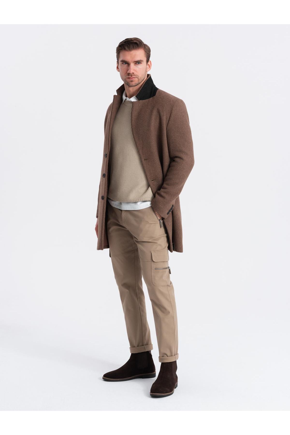 OMBRE-Pánské cargo kalhoty STRAIGHT LEG s kapsami na zip - khaki V3 OM-PACG-0204 XL 2