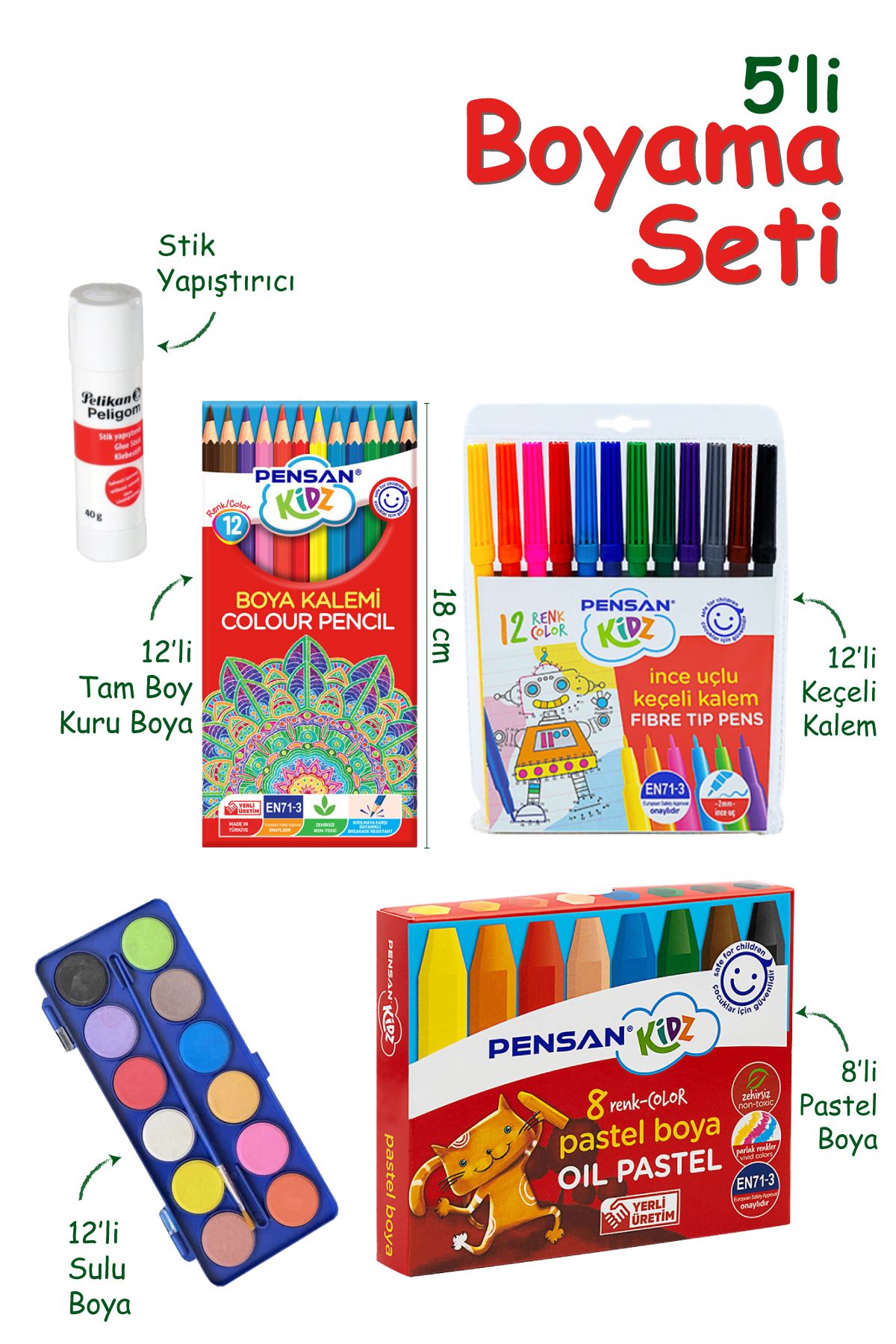 Pensan-Set of 5 Dry Paints - Watercolor, Felt Pen, Pastel and Stick Adhesive 1