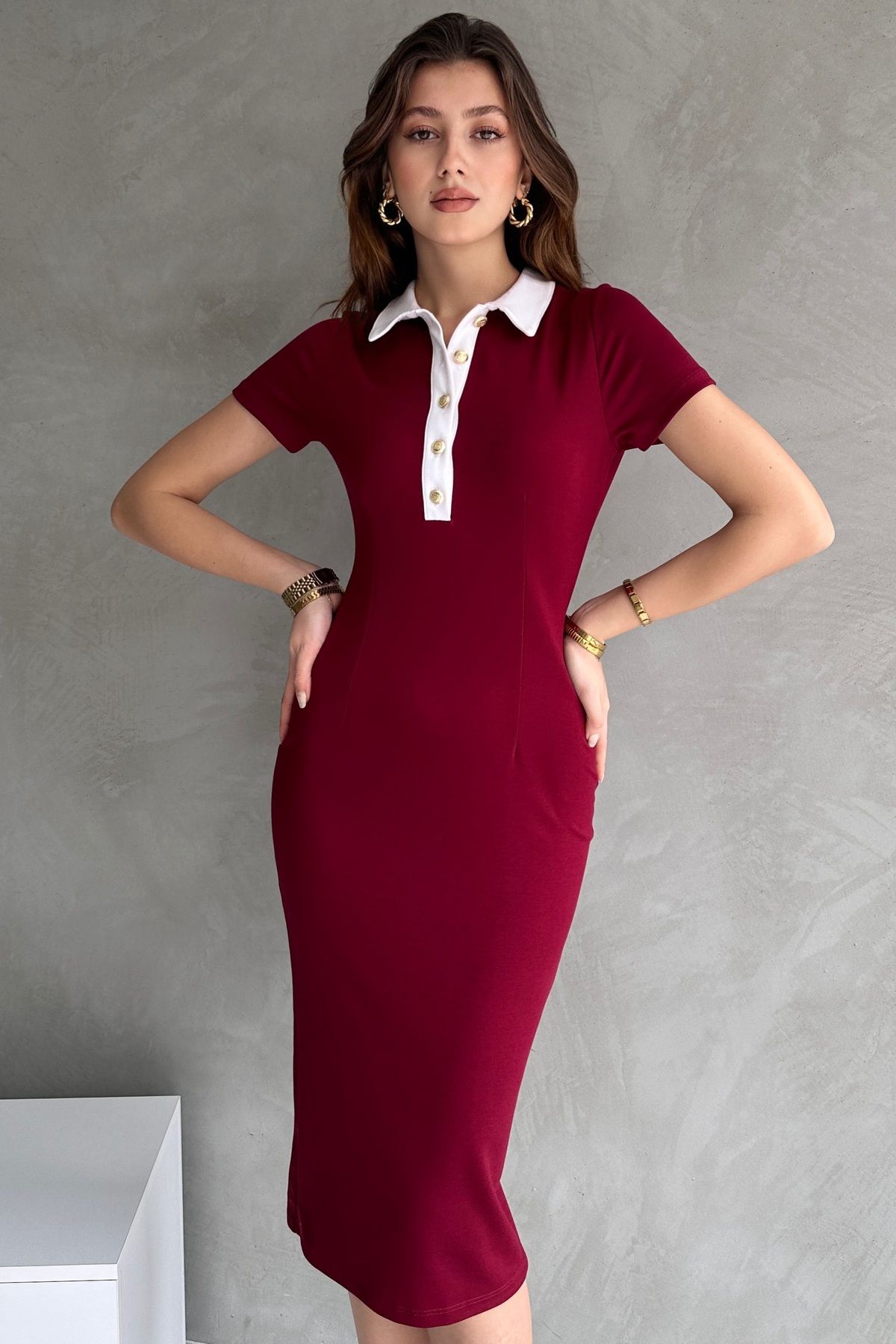 MODA DÜĞME DETAYLI POLO YAKA ELBİSE