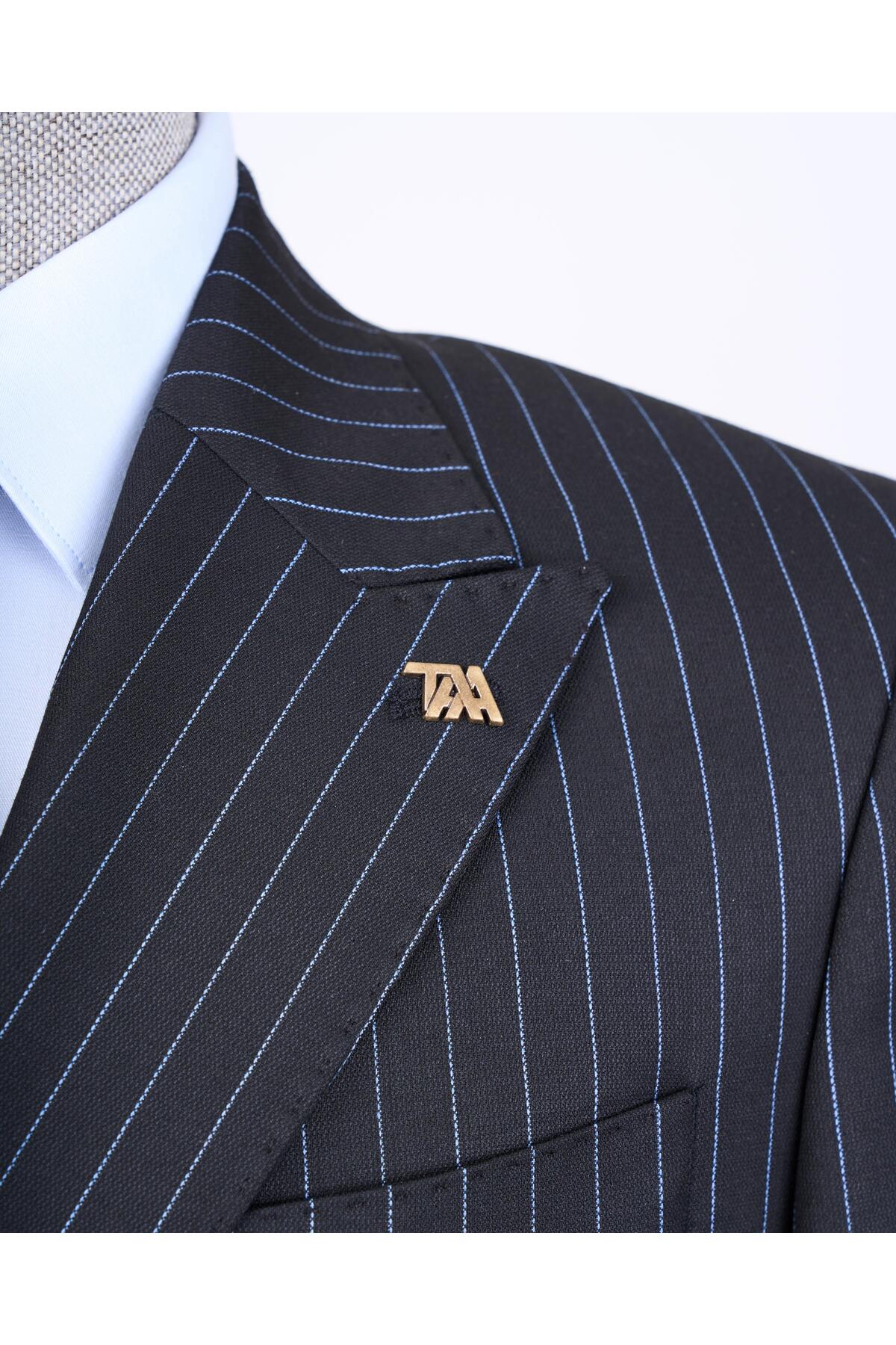 TerziAdemAltun İtalyan stil slim fit çizgili kruvaze ceket pantolon takım elbise lacivert T13198 görsel 4