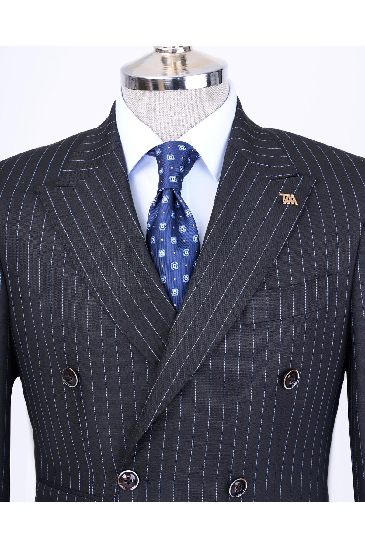TerziAdemAltun İtalyan stil slim fit çizgili kruvaze ceket pantolon takım elbise lacivert T13198 görsel 2