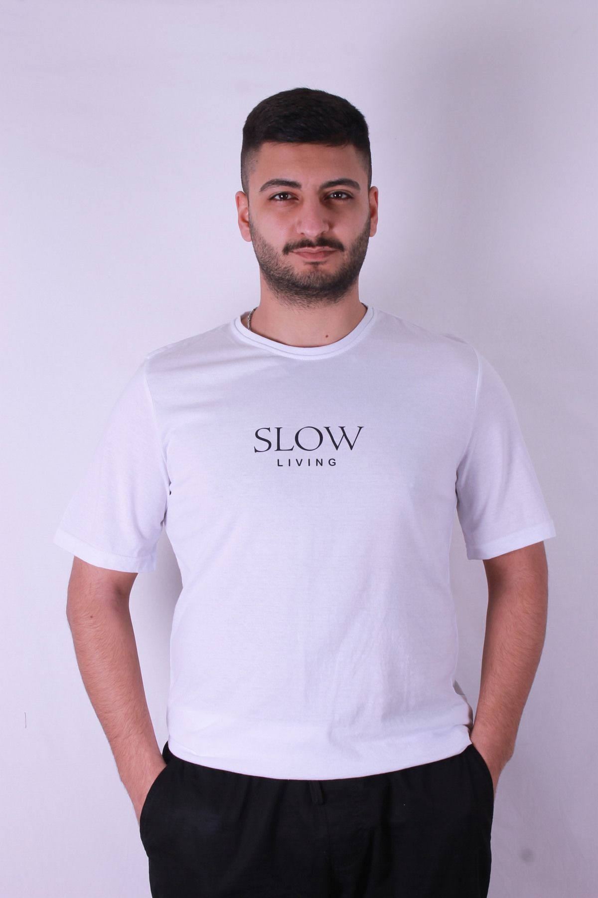 trender Slow Living Baskı Beyaz Erkek T-Shirt