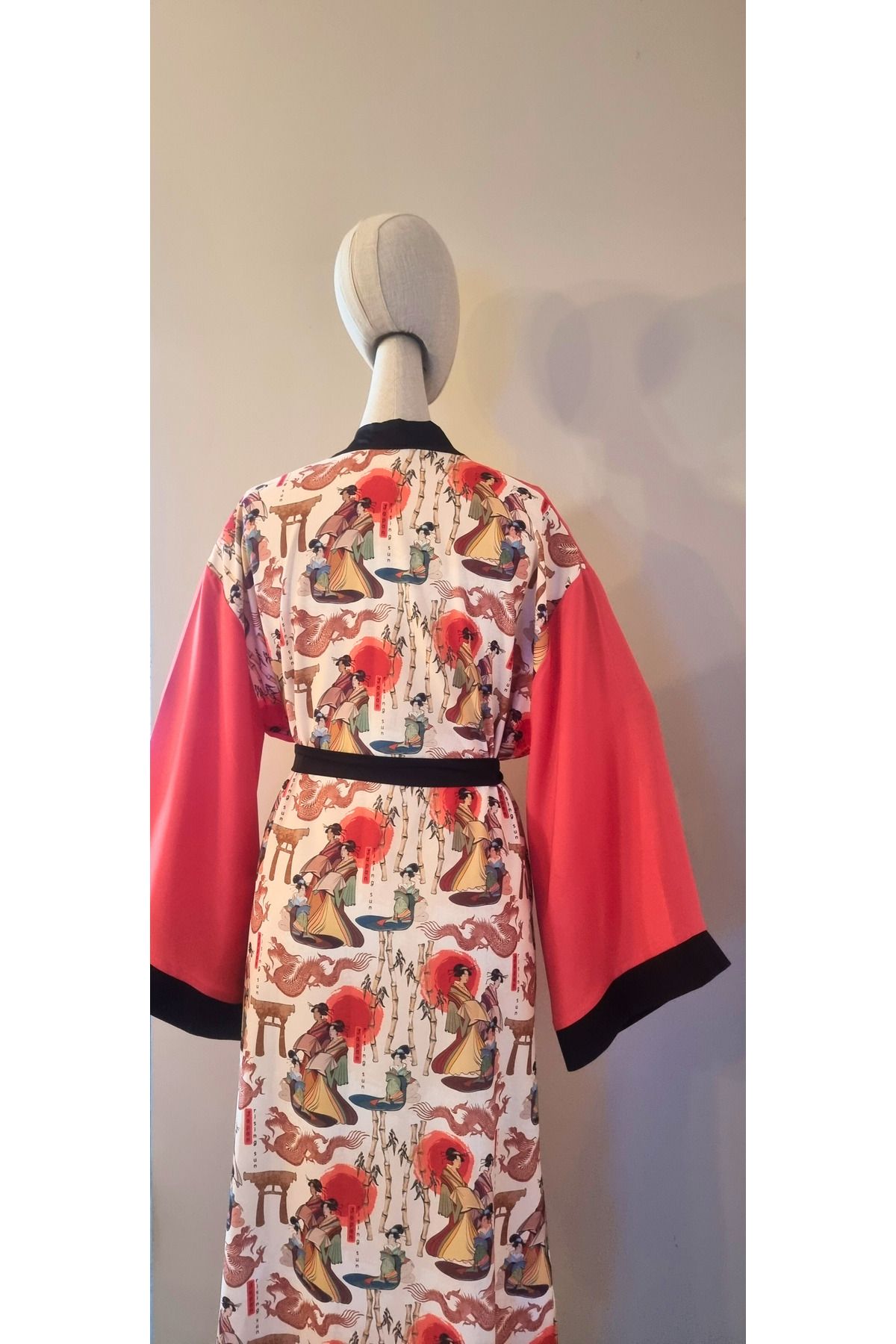 Atelier Nui Geisha Kimono / Krep Saten Mercan Rengi Uzak Doğu Temalı Kimono & Elbise & Beachwear