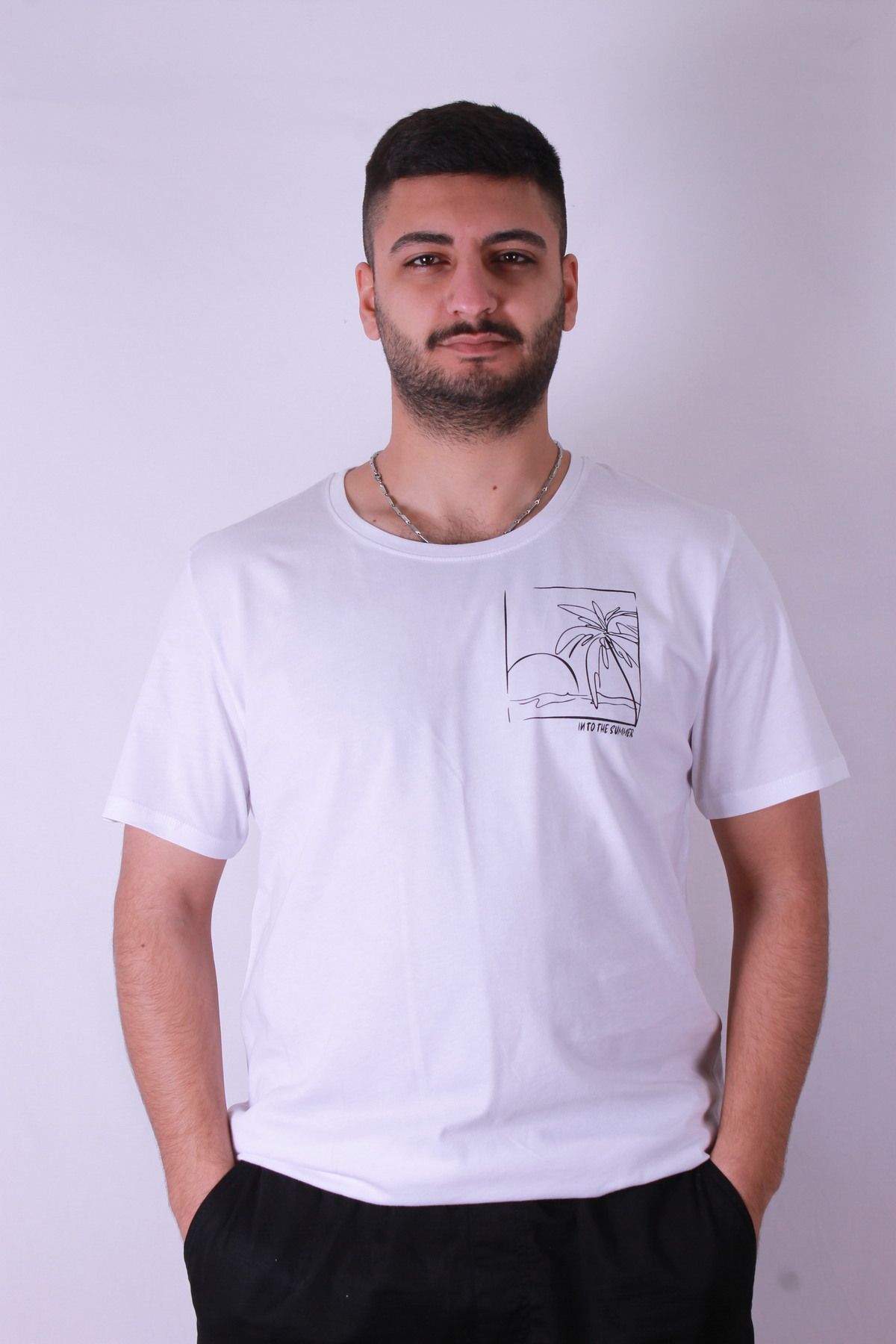 trender Çizgi Palmiye Baskılı Beyaz Erkek T-Shirt Tr-03