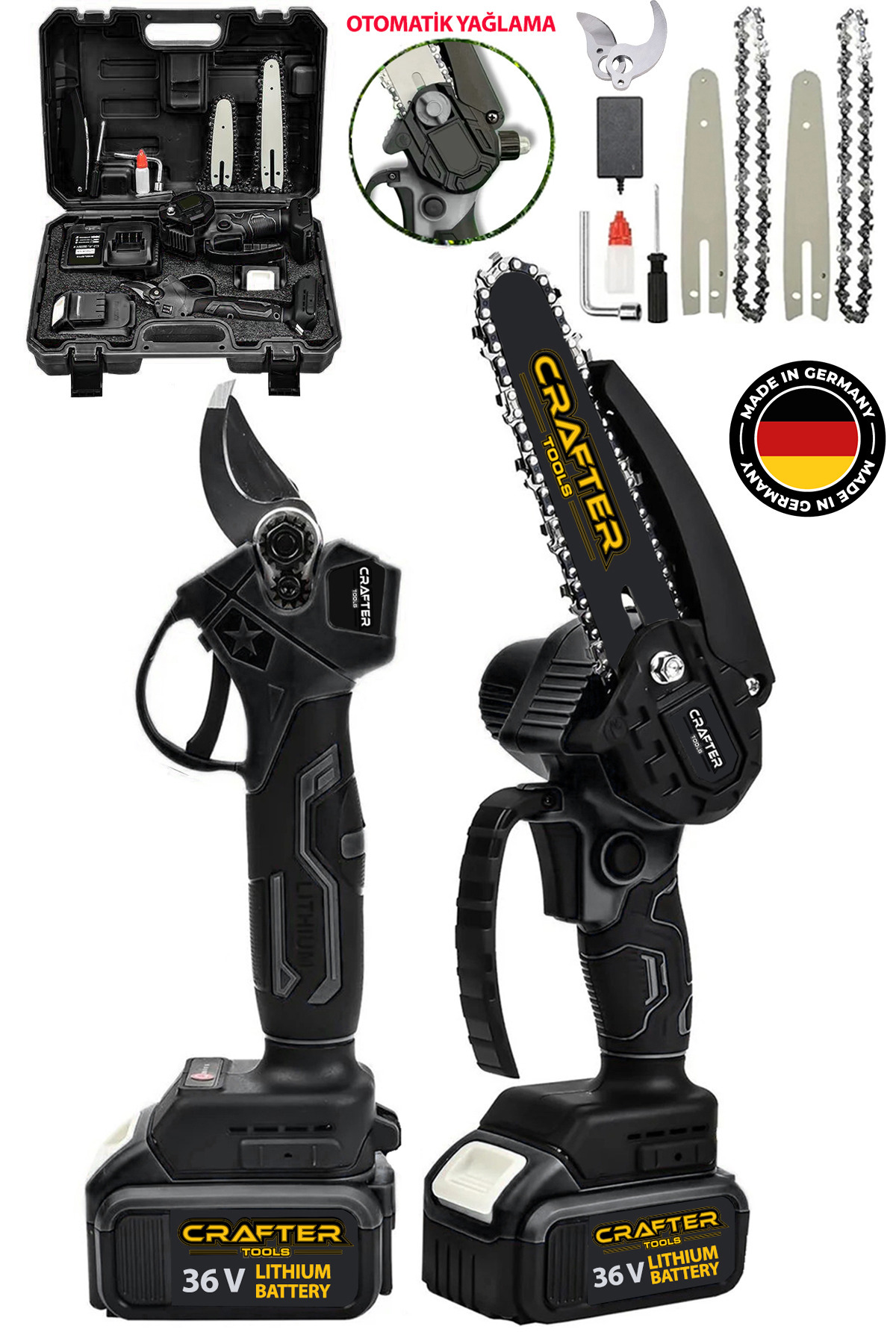 CRAFTERTOOLS Germany 36V 5Ah Çift Akülü Çelik Şanzıman Şarjlı Dal Budama Makası & Budama Testeresi