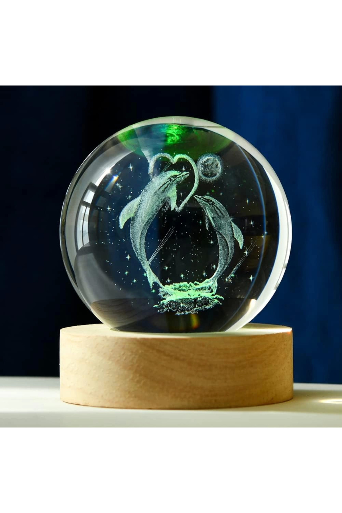 nicefrog Dekoratif Yunus Balıkları Tasarımlı Ahşap Altlıklı Işıklı Cam Küre Büyük Boy