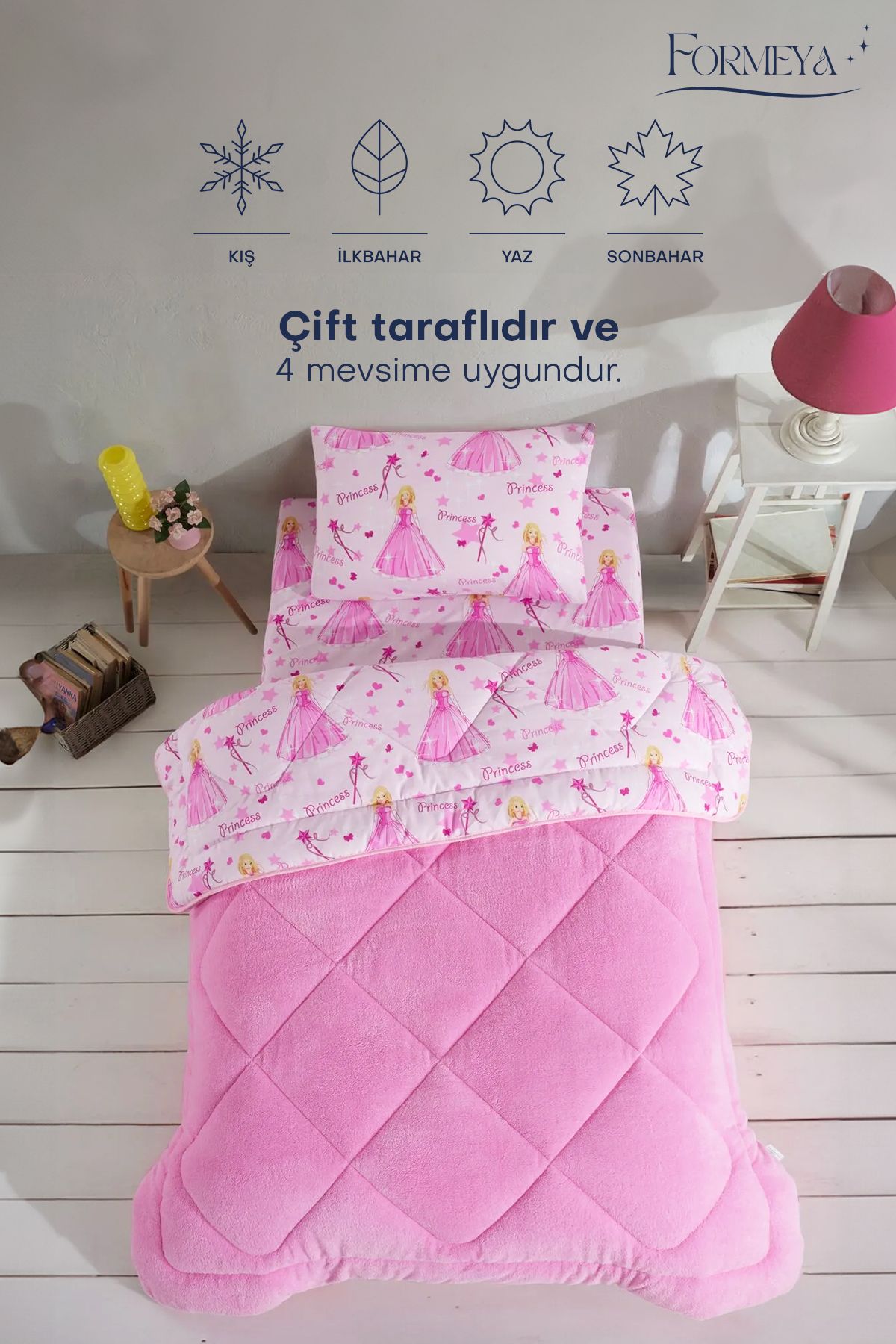 Formeya-Doppelseitiges Wellsoft-Schlafset mit Einzelbettlaken und Prinzessinnenmuster (Steppdecke + Bettlaken + Kissenbezug) 4
