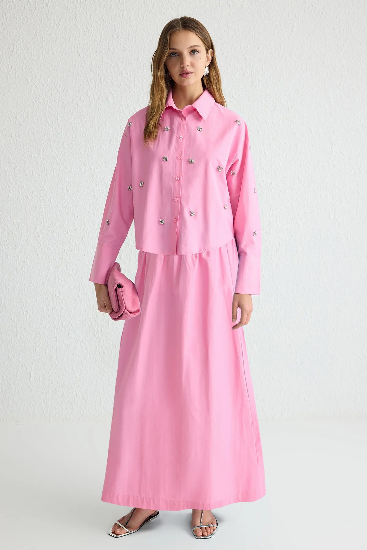 Trendyol Modest Różowa długa spódnica z bawełny tkanej Tctss25Ee00001