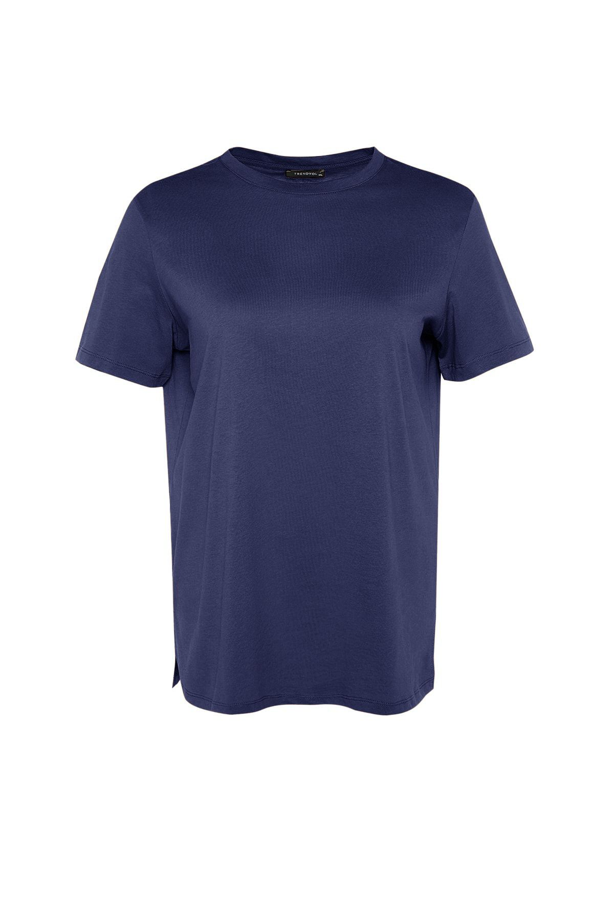 Trendyol Curve-Blue Oil Boyfriend Crew Neck Slit 100% bavlna Pletené tričko TBBSS22BF0031 6