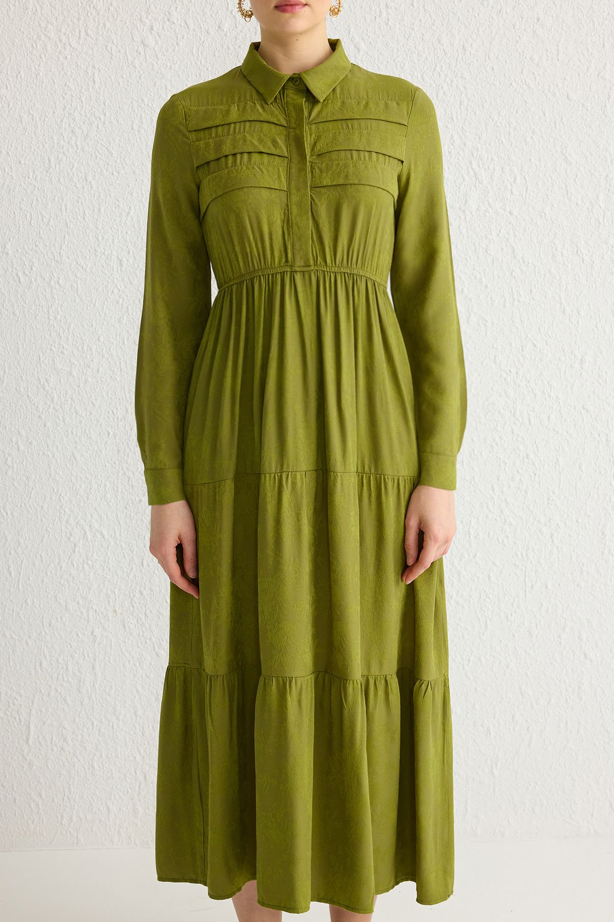 Trendyol Modest-Χακί φλοράλ υφαντό ζακάρ χιτζάμπ φόρεμα χωρίς επένδυση TCTSS25EB00053 3