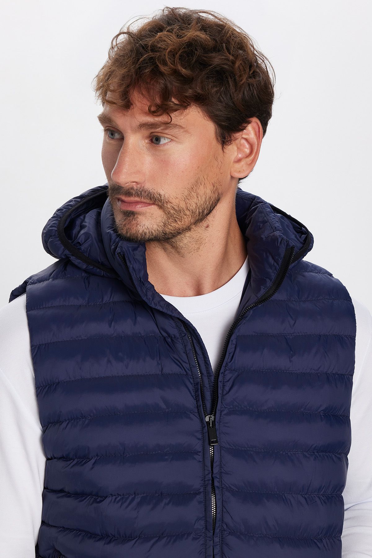 Tudors-Men's Slim Fit Slim Fit Lined Windproof Pocket Navy Blue Detachable Hood Puffer Vest 2
