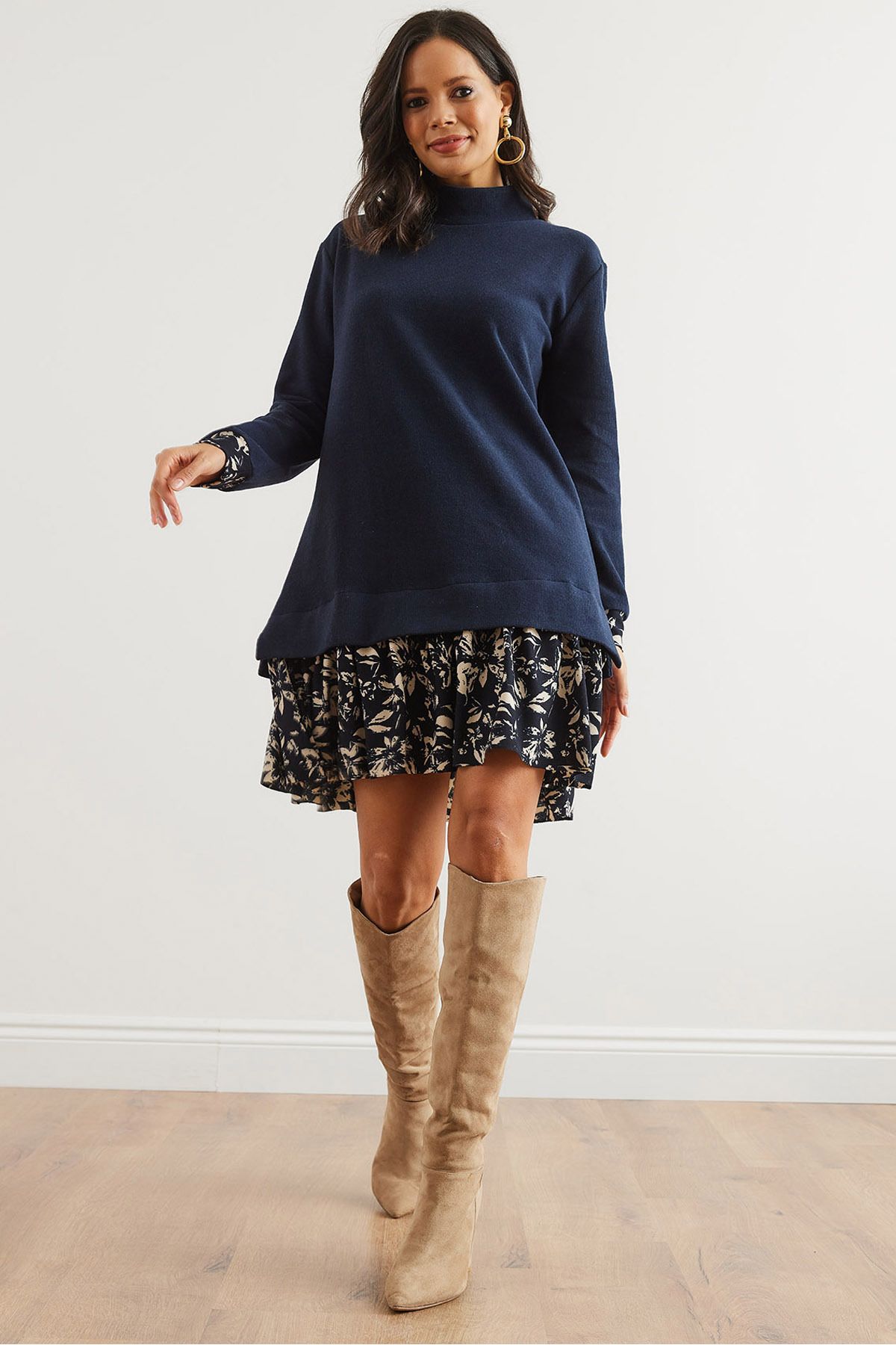 Olalook-Navy Blue Beige Floral Print Women's Thessaloniki Dress - Elb- 19000965 2