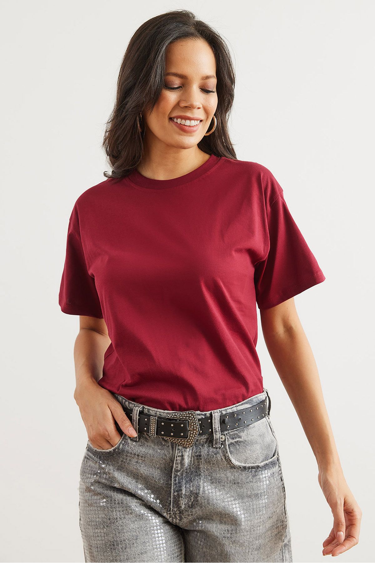 Olalook-Women's Burgundy Navy 2-Piece Cotton Regular Fit T-Shirt Tsh- 19000830 3