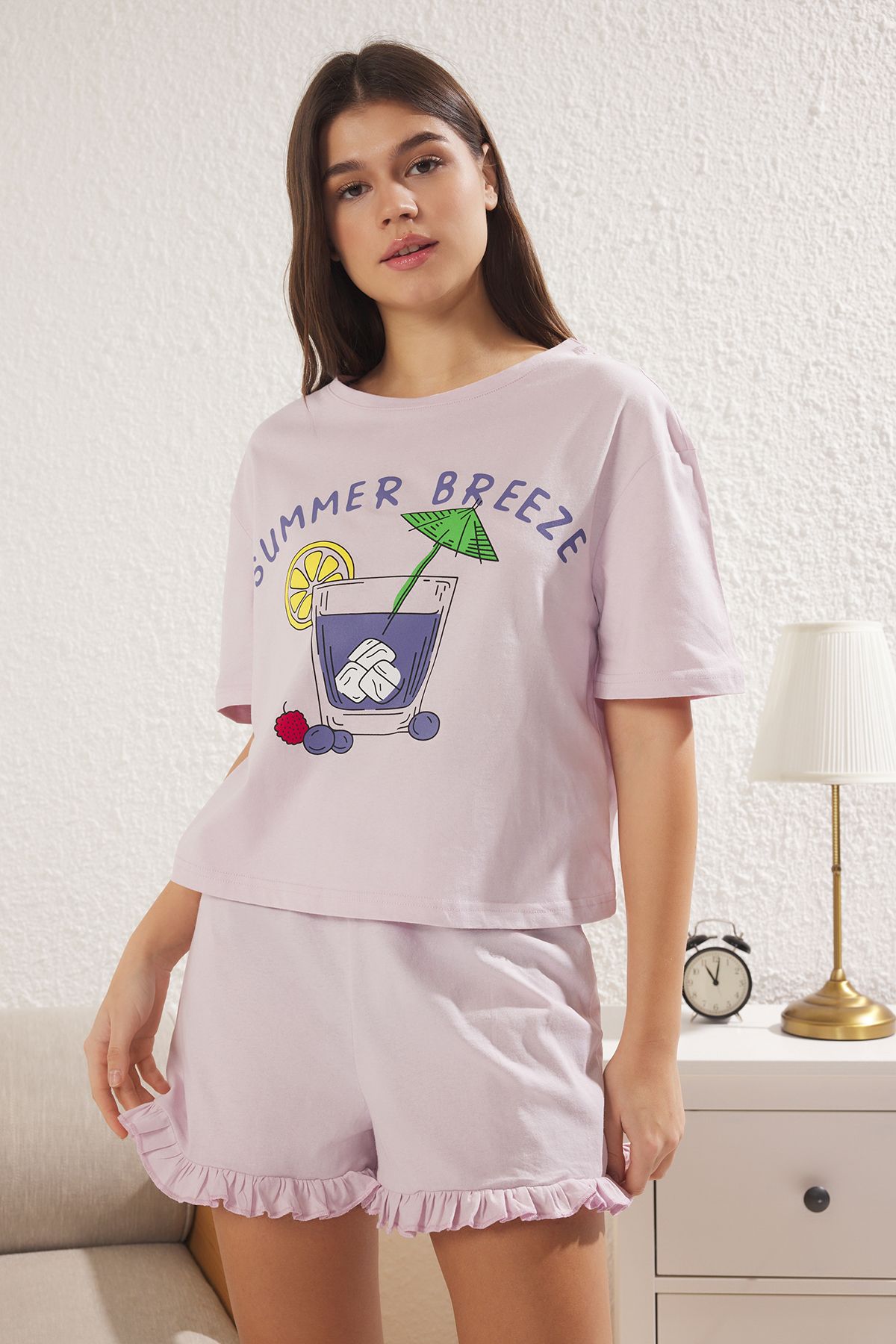 Trendyol Collection Letni Liliowy Komplet Piżam Bawełnianych Z Falbankami - Thmss25pt00147 Kobieta - S