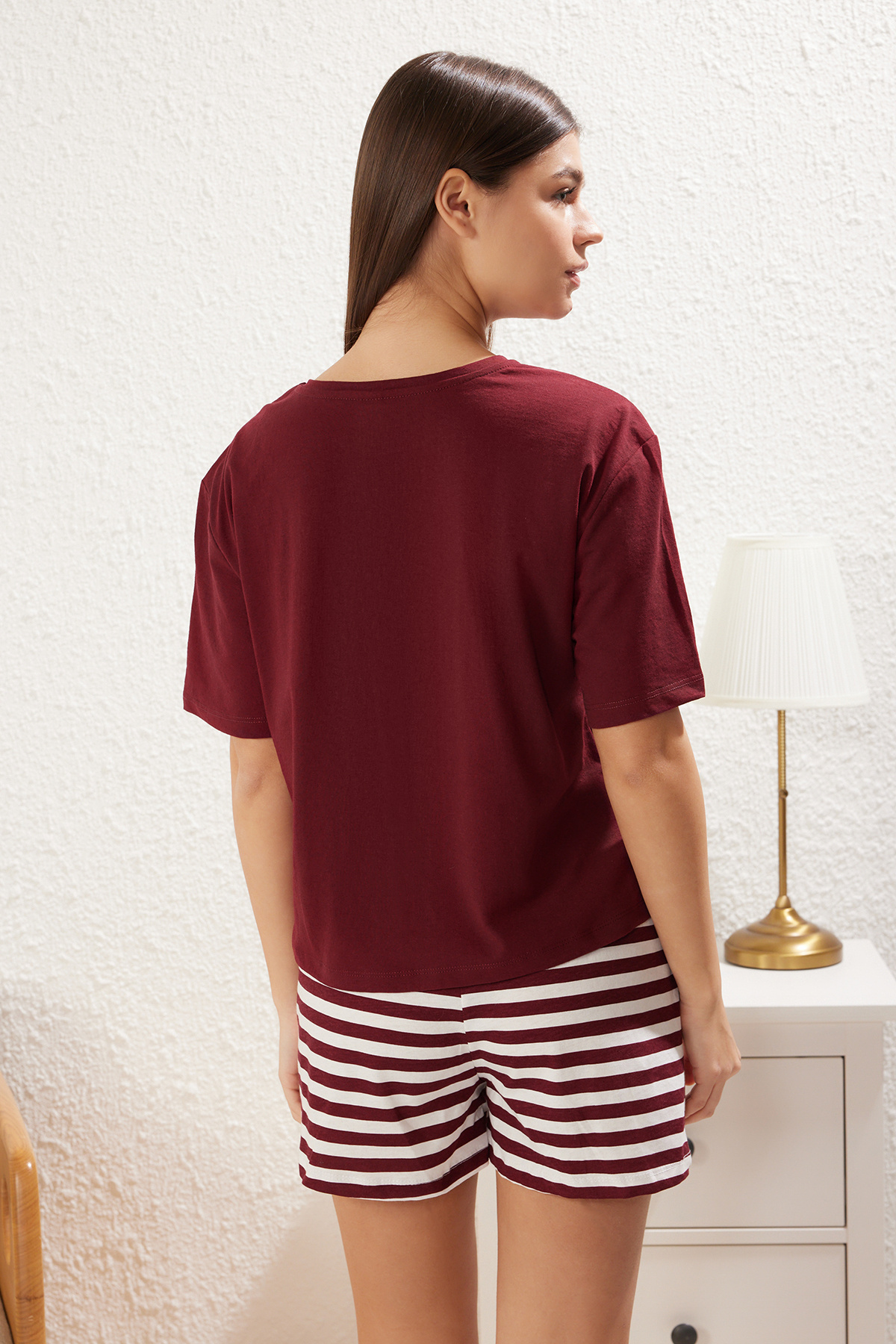 Trendyolmilla  Bordo %100 Pamuklu Ayıcıklı Şortlu Örme Pijama Takımı THMSS24PT00039 - Görsel 5