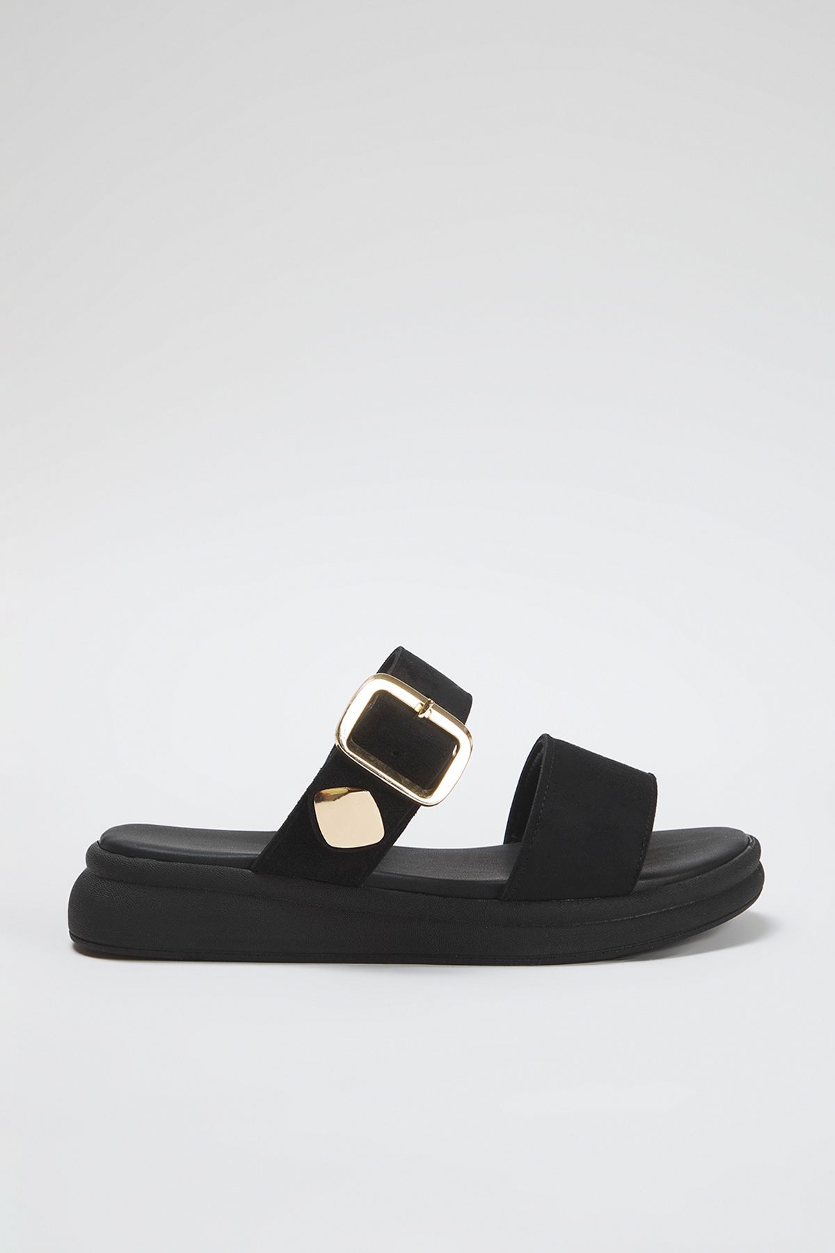 TRENDYOL SHOES Czarne Zamszowe Złote Płaskie Kapcie Damskie Ze Sprzączką Kobieta - 38