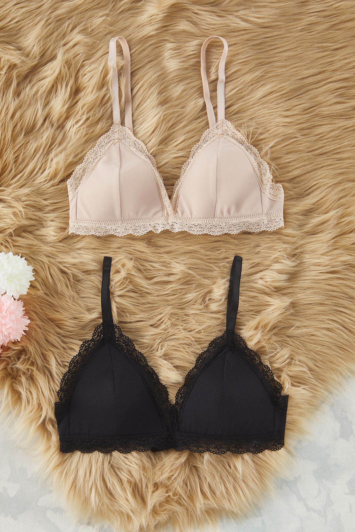Trendyol Collection-Black-Tan 2 Pack Micro Wire Free Covered Lace Detail Podvazkový trojúhelník Pletená podprsenka THMSS25SU00016 7