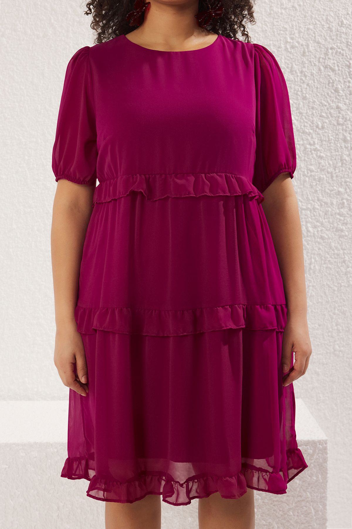 Trendyol Curve-Detailní tkané šaty Plum Tulle Tbbss23Ah00056 3