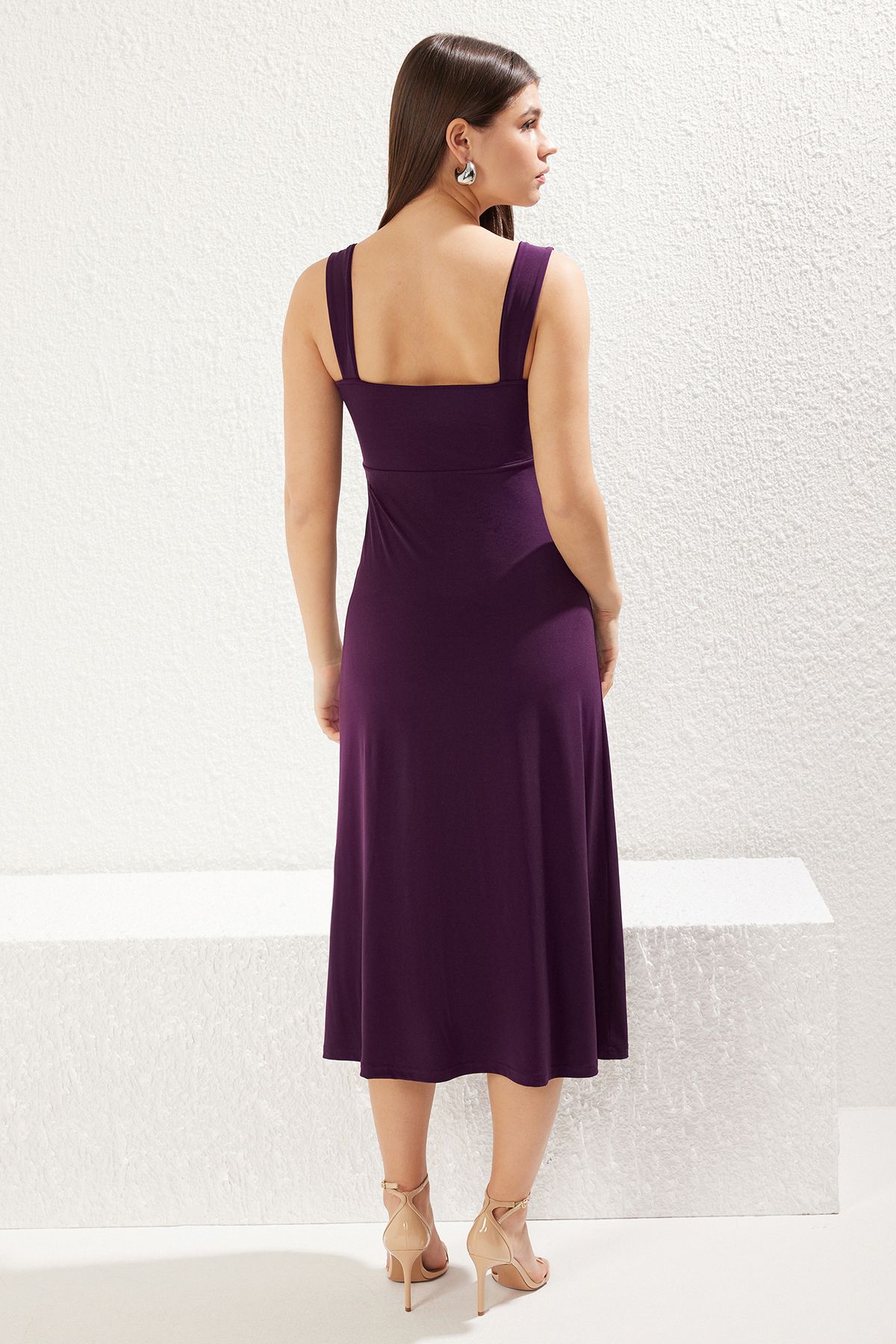Trendyol Collection-Plum A-Line Drawstring/Drape Detail Slit Midi Stretchy Knitted Dress Twoss24El00412 5