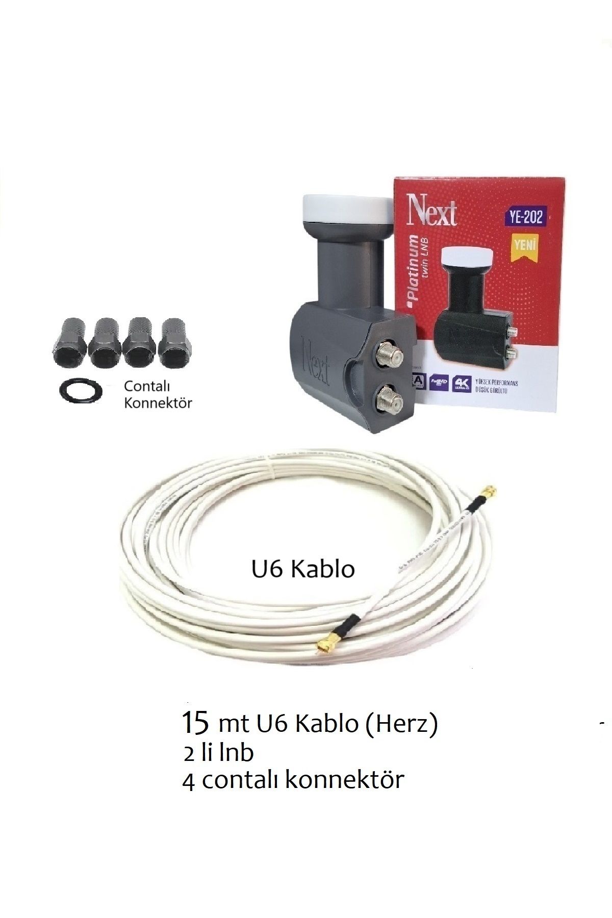 Vwin 15 Metre U6 Herz Anten Kablosu + İkili Next Lnb + 4 Contalı Konnektör