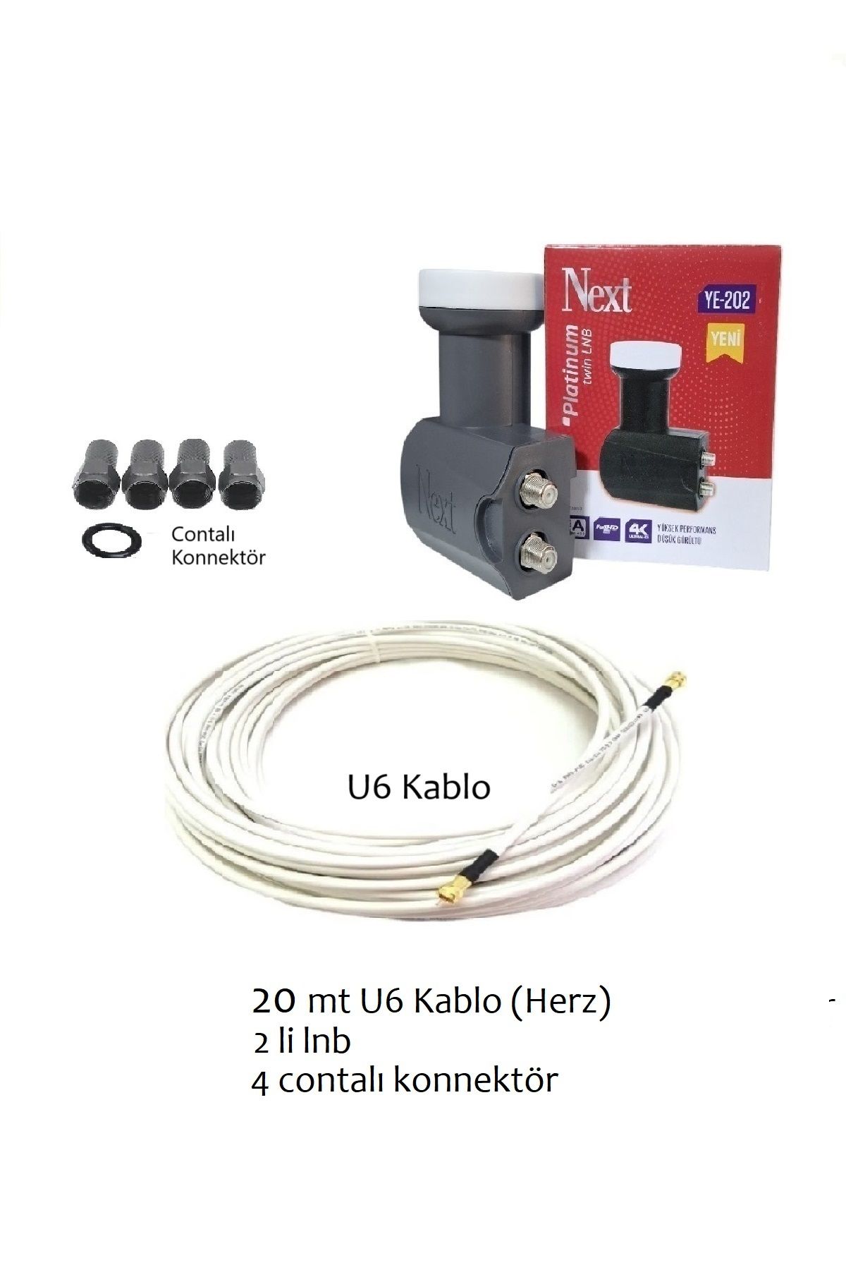 Vwin 20 Metre Rg6-U6 Herz Anten Kablosu + İkili 2 li Next Lnb + 4 Contalı Konnektör