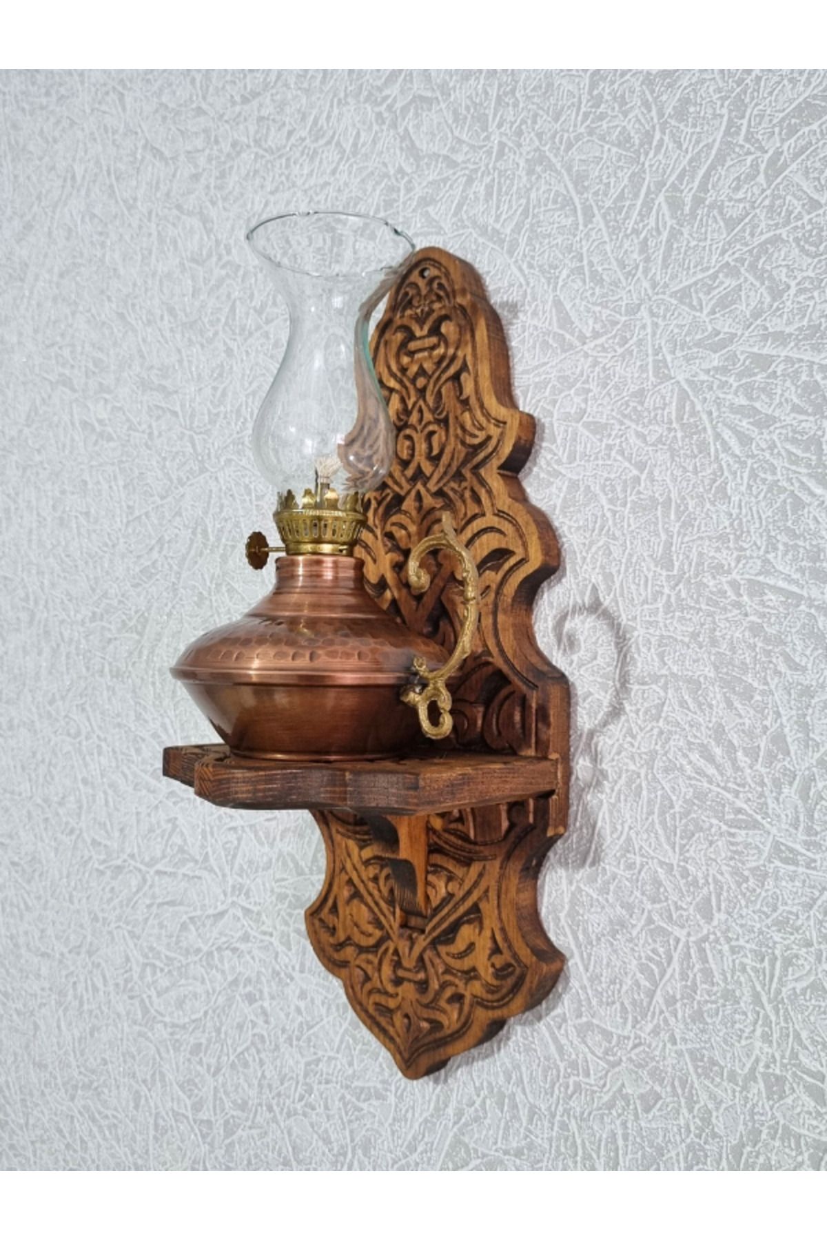 COPPERMALL HANDMADE Bakır Gaz Lambası ve Ahşap Stand Aydınlatma Seti Nostaljik Bakır Kandil