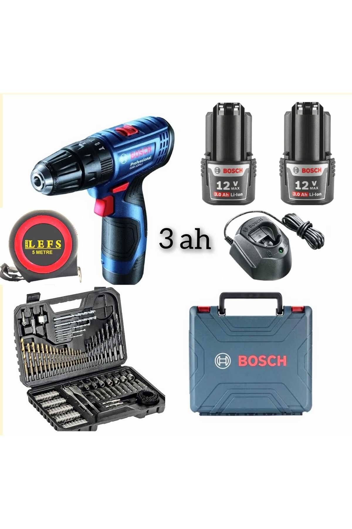 Bosch Gsb 120 Li Darbeli Vidalama (3 AH ÇİFT BATARYA) + Bosch 103 Parça Uç ve Aksesuar Seti