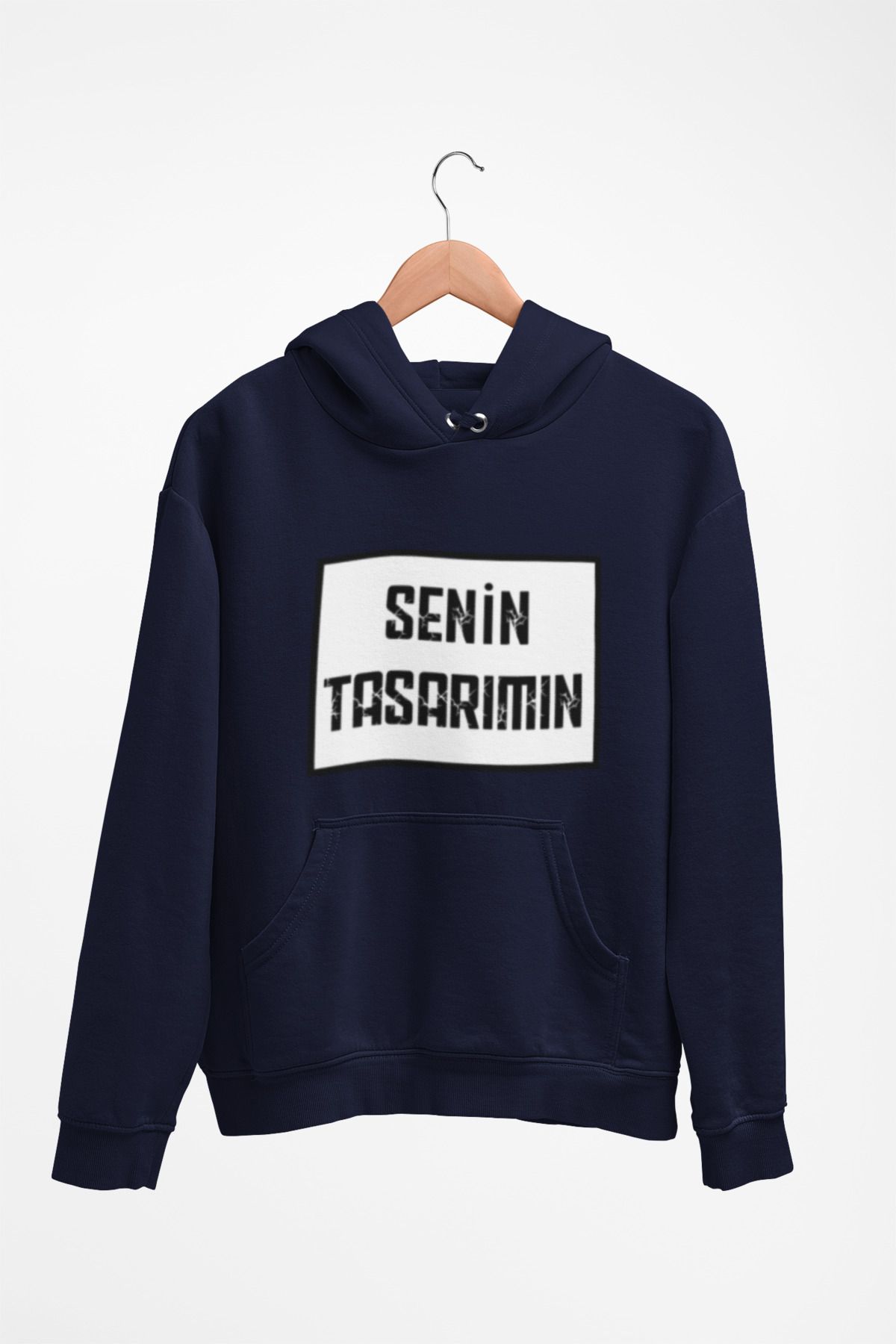 Tshirto Kişiye Özel Baskı (Kendin Tasarla) 3 İplik Şardonlu Lacivert/Bej/Siyah Kapüşonlu Sweatshirt Hoodie