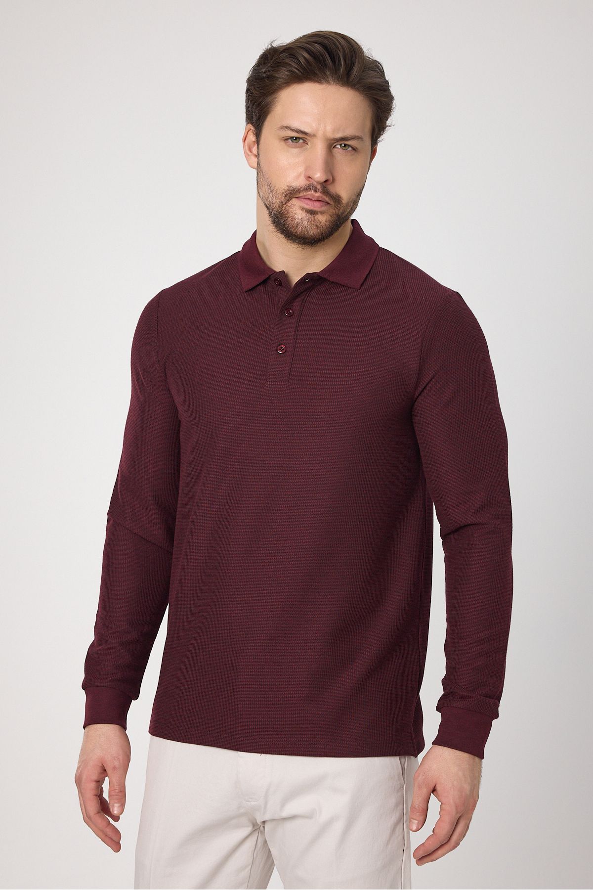 Frappoli Lewin Erkek Bordo %100 Pamuk Waffle Çekmeyen Esneyen Kumaş Slim Fit Uzun Kol Polo Tişört