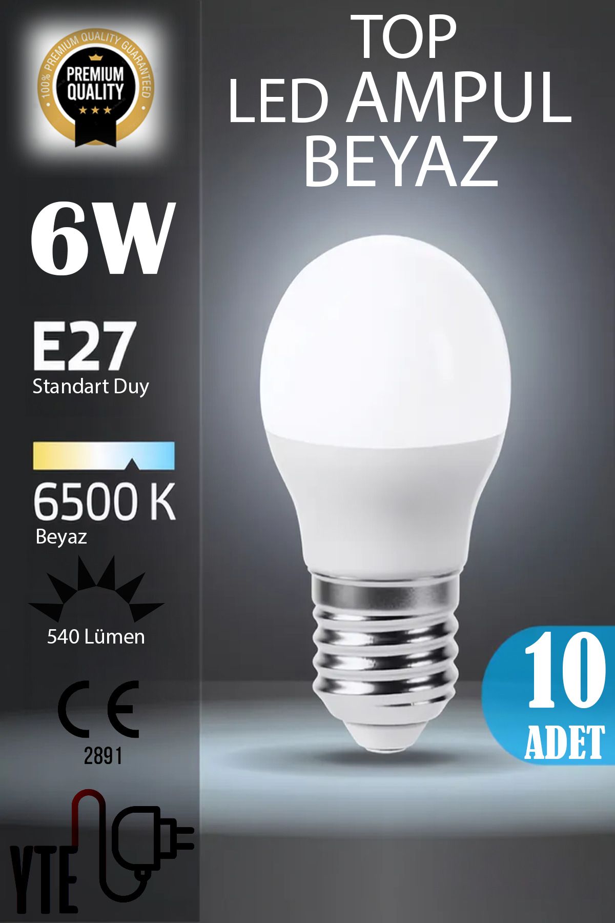 YTE 10 Adet  Kaliteli Beyaz 6W Top Led Ampul E27 Duy