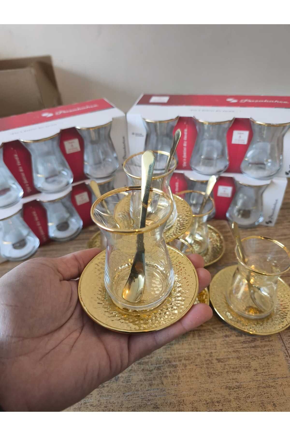 AYBABA STORE Gold Yaldızlı Çay Bardağı Takımı Çay Seti 6 Kişilik 18 Parça