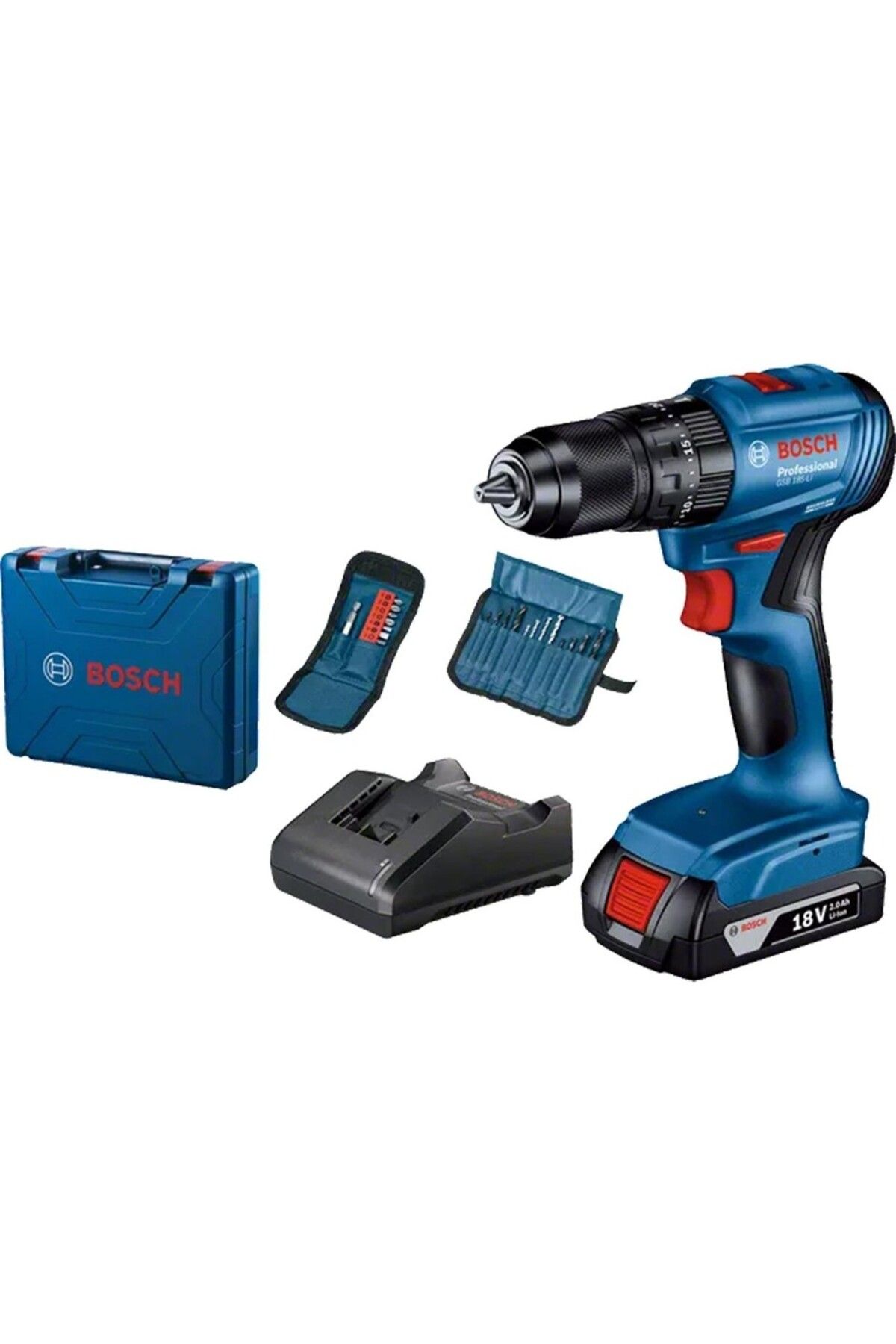 Bosch Professional GSB 185-Li 2.0 Ah Tek Akülü Kömürsüz Motor Darbeli Matkap + 23 Parça Aksesuar Set