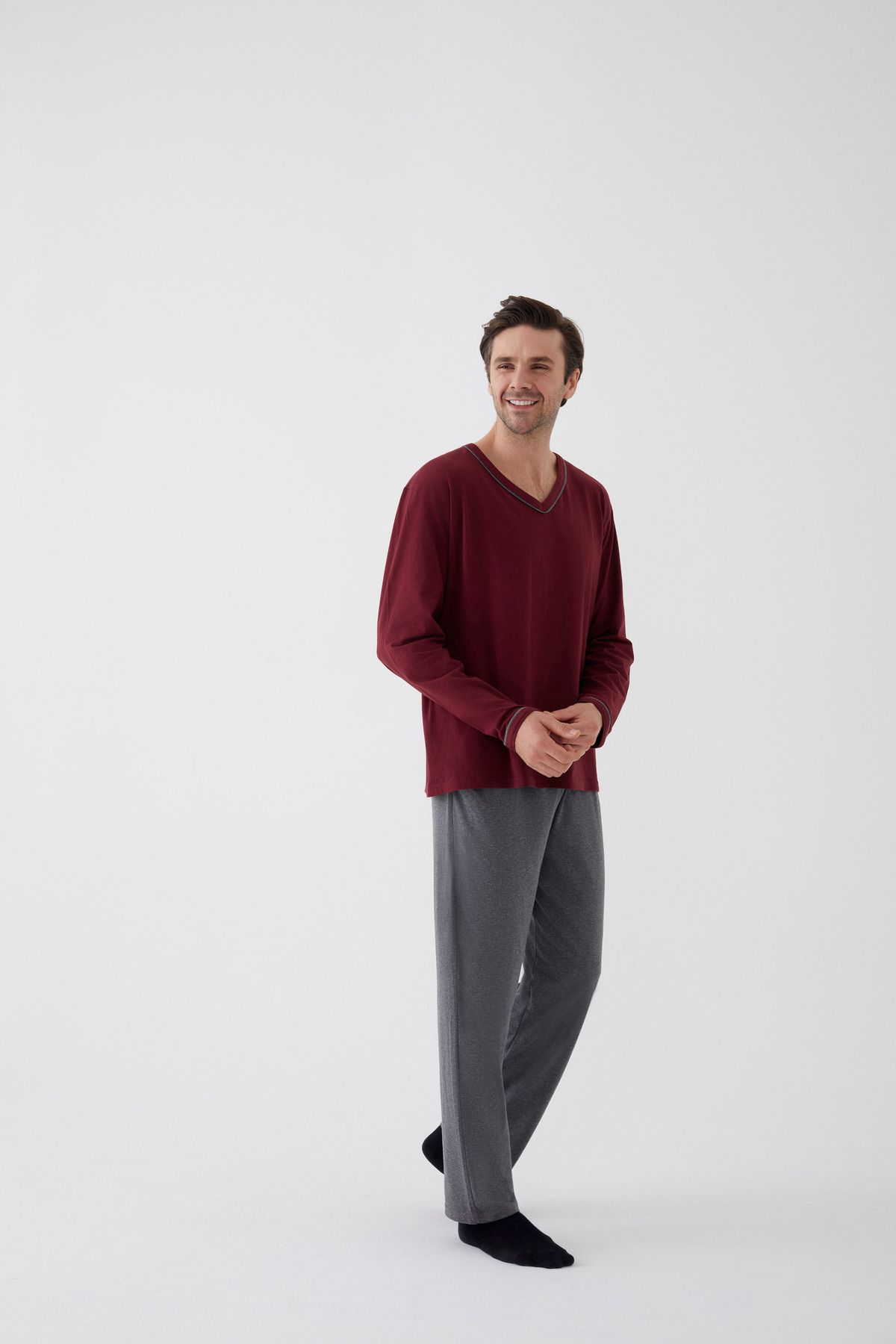 koza iç giyim-Men's Cotton Long Sleeve Pajama Set with Intermediate Ribs and Pocket Detail 5