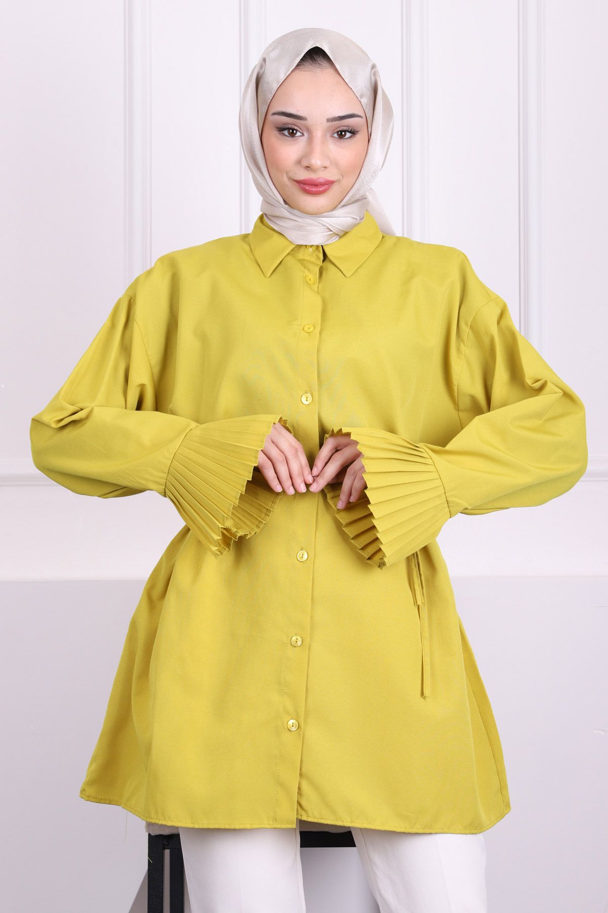 İmajButik-Oil Green Sleeve Pleated Tericotton Tunic 2