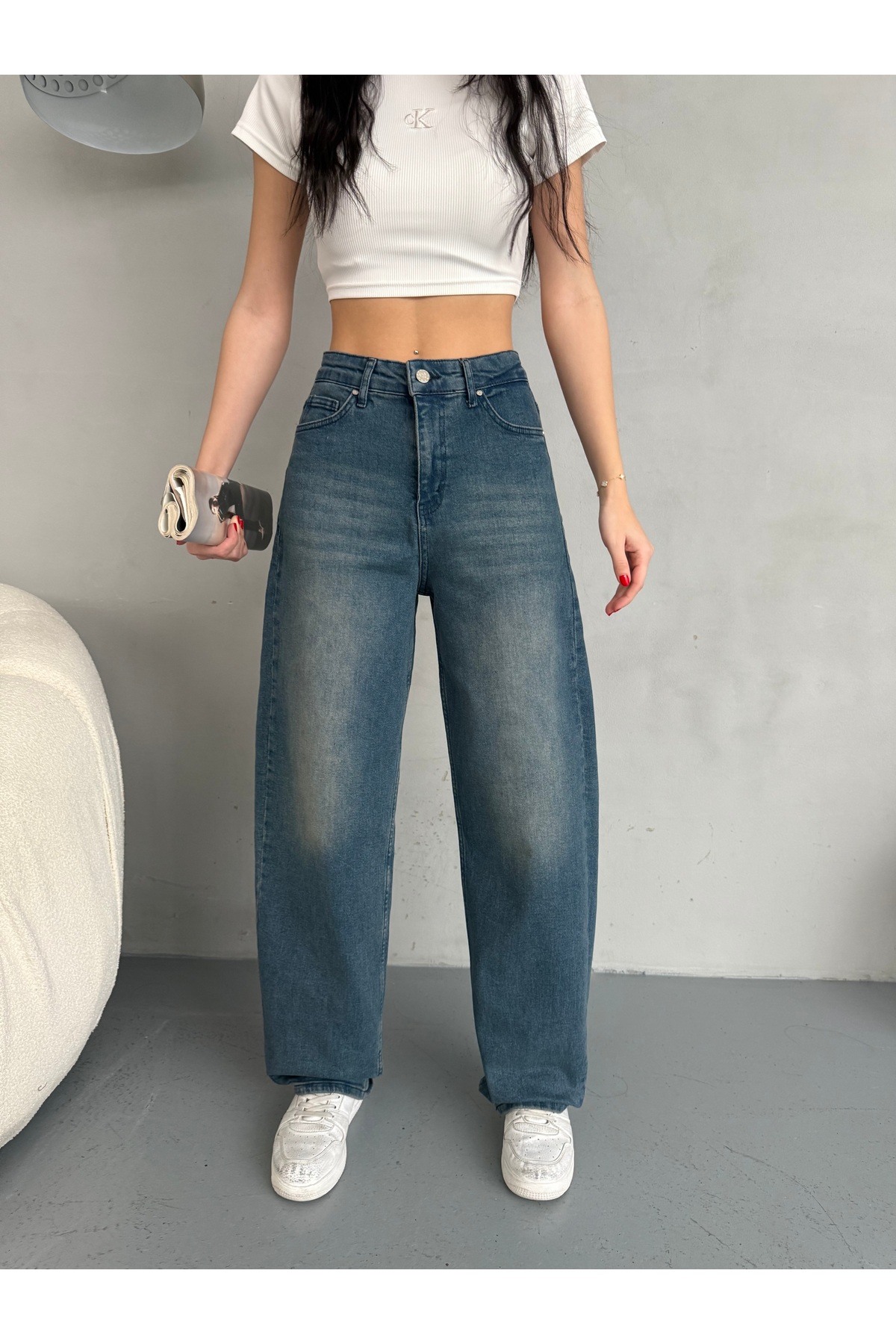 alanora  Kadın Soluk Efektli Bol Kesim Rahat Geniş Paça Baggy Jean - Görsel 3