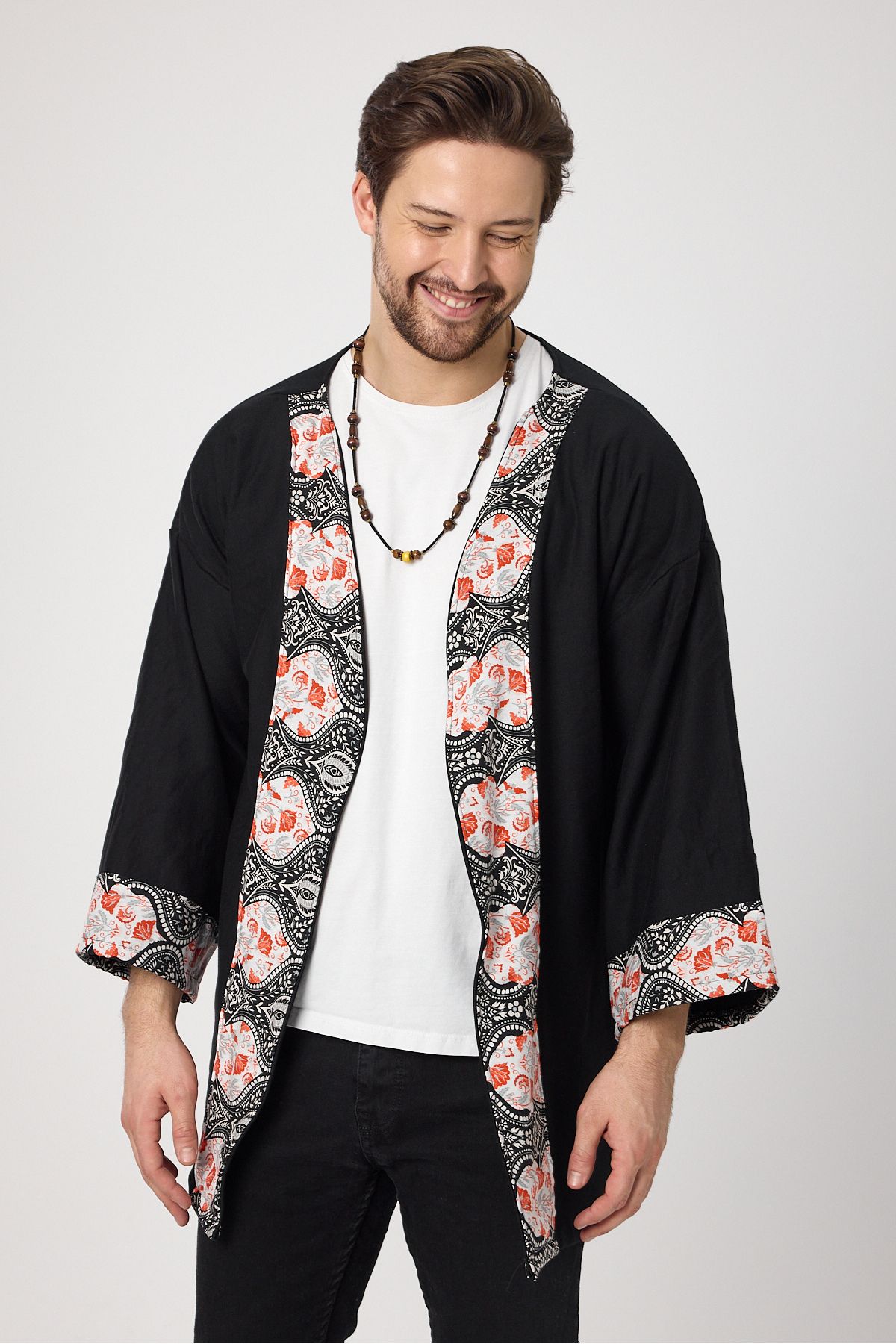 rammers Etnik Desen Detaylı Bohem Kimono Cepsiz Siyah