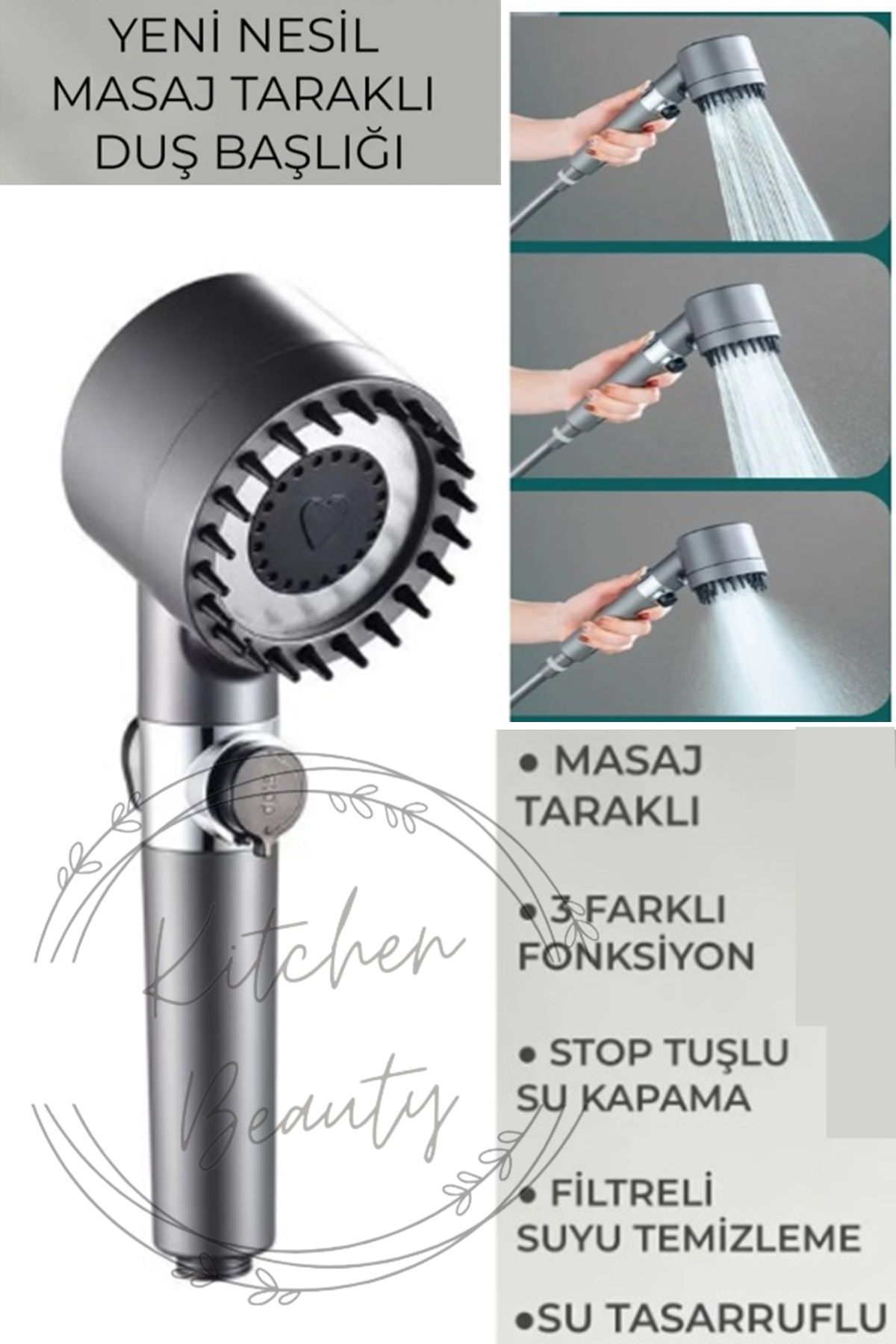 Kitchen Beauty 3 Fonksiyonlu Start Stop Tuşlu Filtreli Basınçlı Masaj Etkili Duş Başlığı