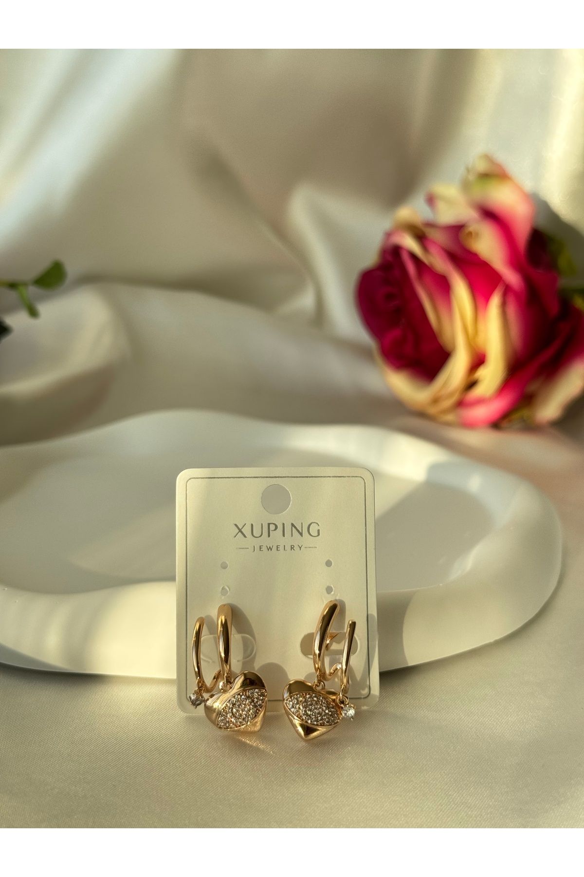 XUPING JEWELRY Gold Rose Renkli 2 Katmanlı Kalp Detaylı Zirkon Taşlı Çelik Küpe