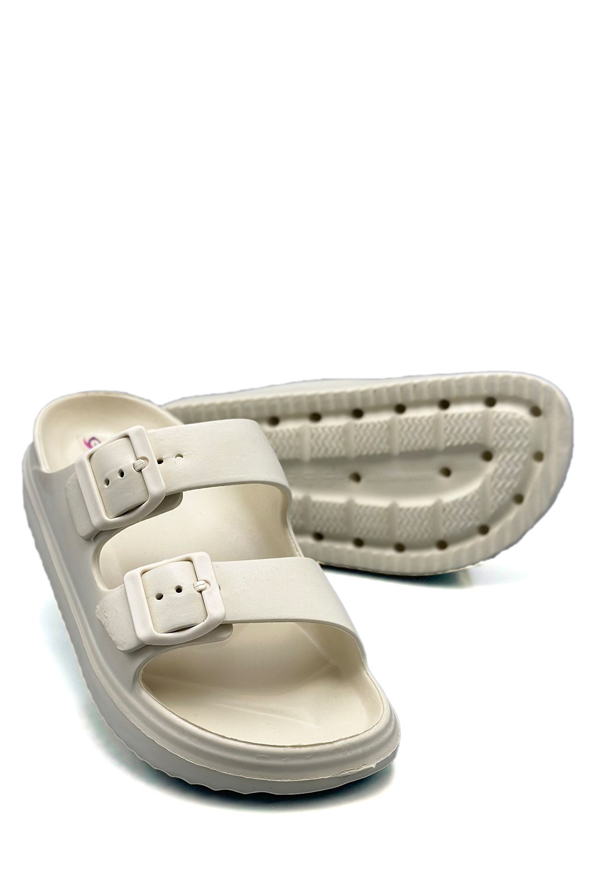 sermoda-Lightweight Eva Sink Slippers - Double Buckle Summer Beach and Pool Slippers - Ecru 5