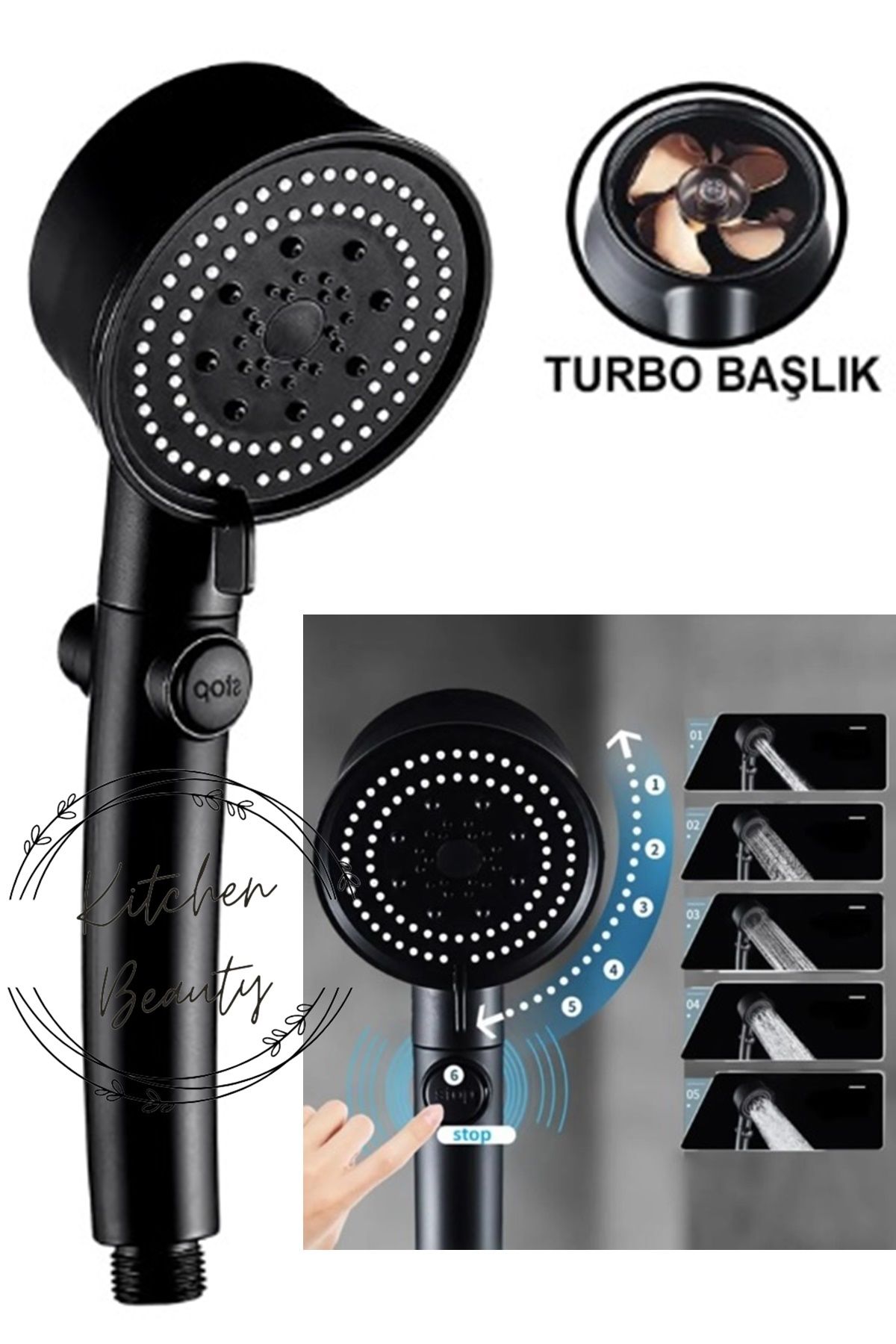 Kitchen Beauty Turbo Fan Pervaneli 5 Fonksiyonlu Star Stop Su Tasarruflu Duş Başlığı Pervaneli Turbo El Duşu Siyah