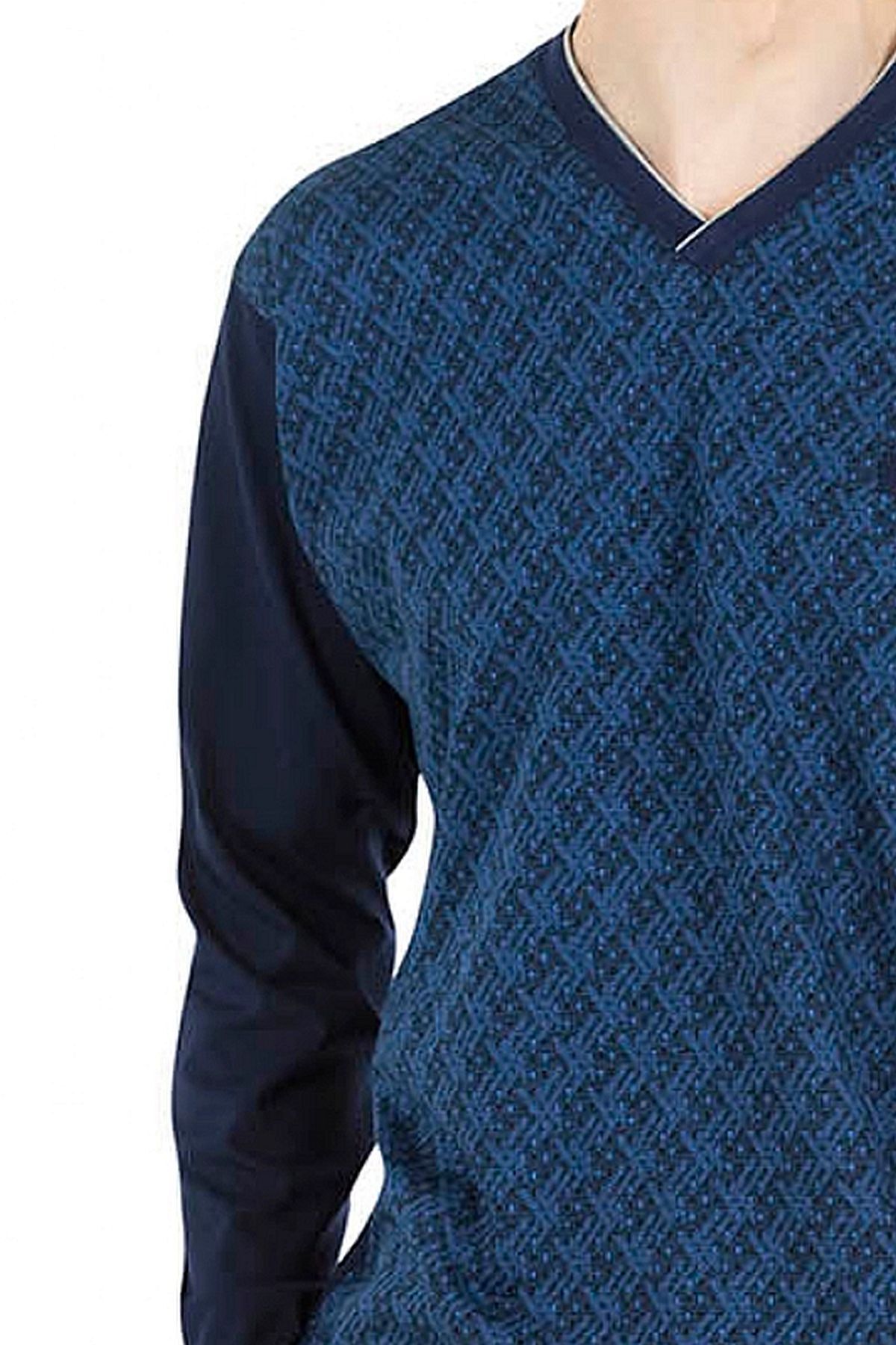 ست پیژامه آبی مردانه لباس خواب آستین بلند ژاکارد 6023 Pierre Cardin
