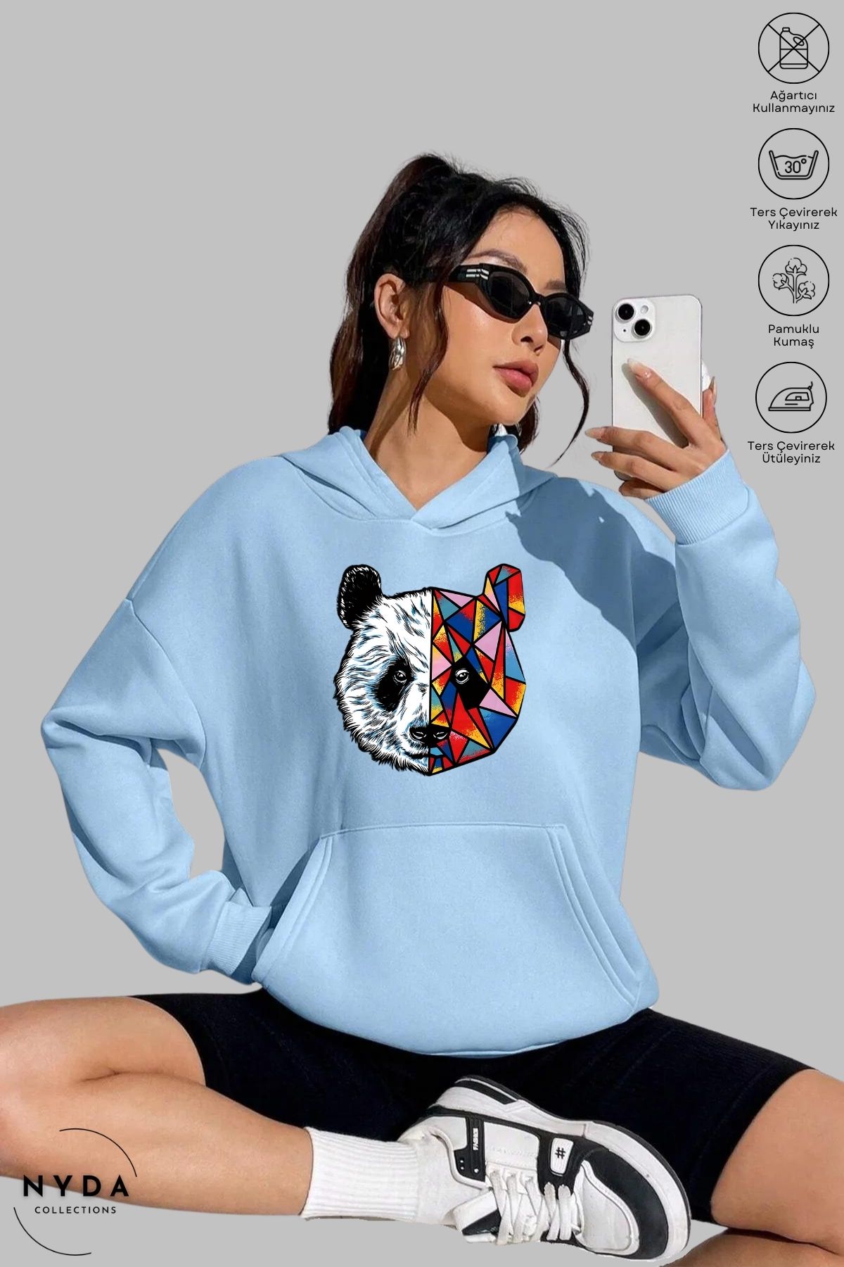 Nyda Collections Unisex Hoodie Uzun Kollu Renkli Panda Baskılı Kapüşonlu Şardonlu Sweatshirt Oversize Pamuk