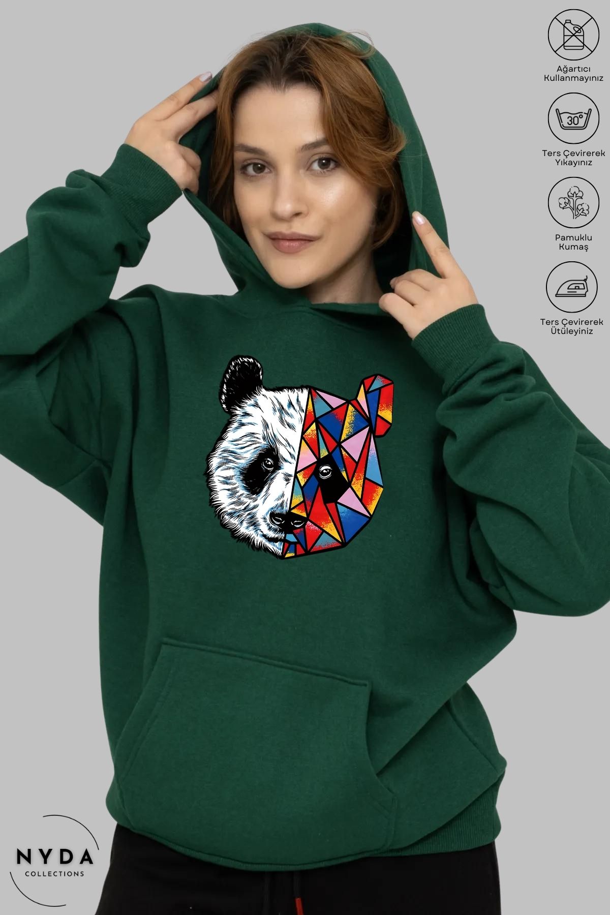 Nyda Collections Unisex Hoodie Uzun Kollu Renkli Panda Baskılı Kapüşonlu Şardonlu Sweatshirt Oversize Pamuk