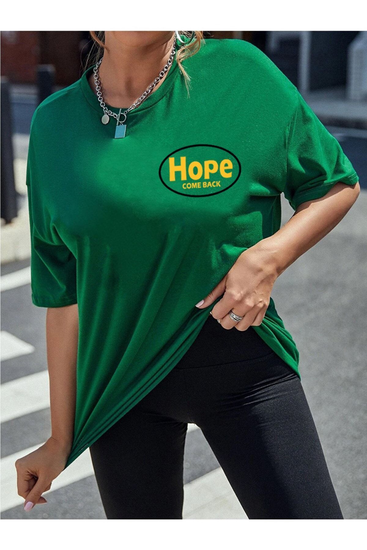 Boi Kadın Oversize Hope Baskılı Bisiklet Yaka T-shirt-Kısa kol Yazlık Pamuklu Tişört