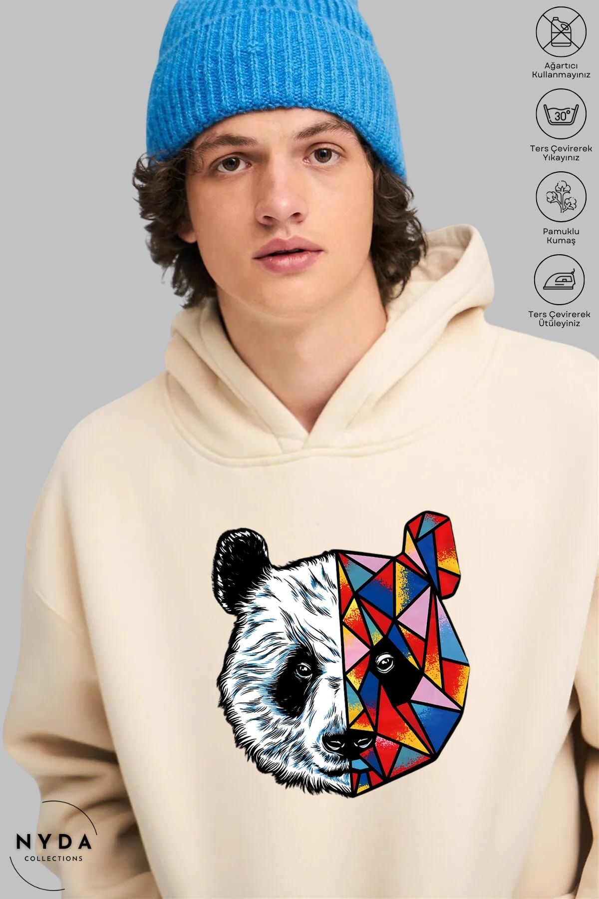 Nyda Collections Unisex Hoodie Uzun Kollu Renkli Panda Baskılı Kapüşonlu Şardonlu Sweatshirt Oversize Pamuk