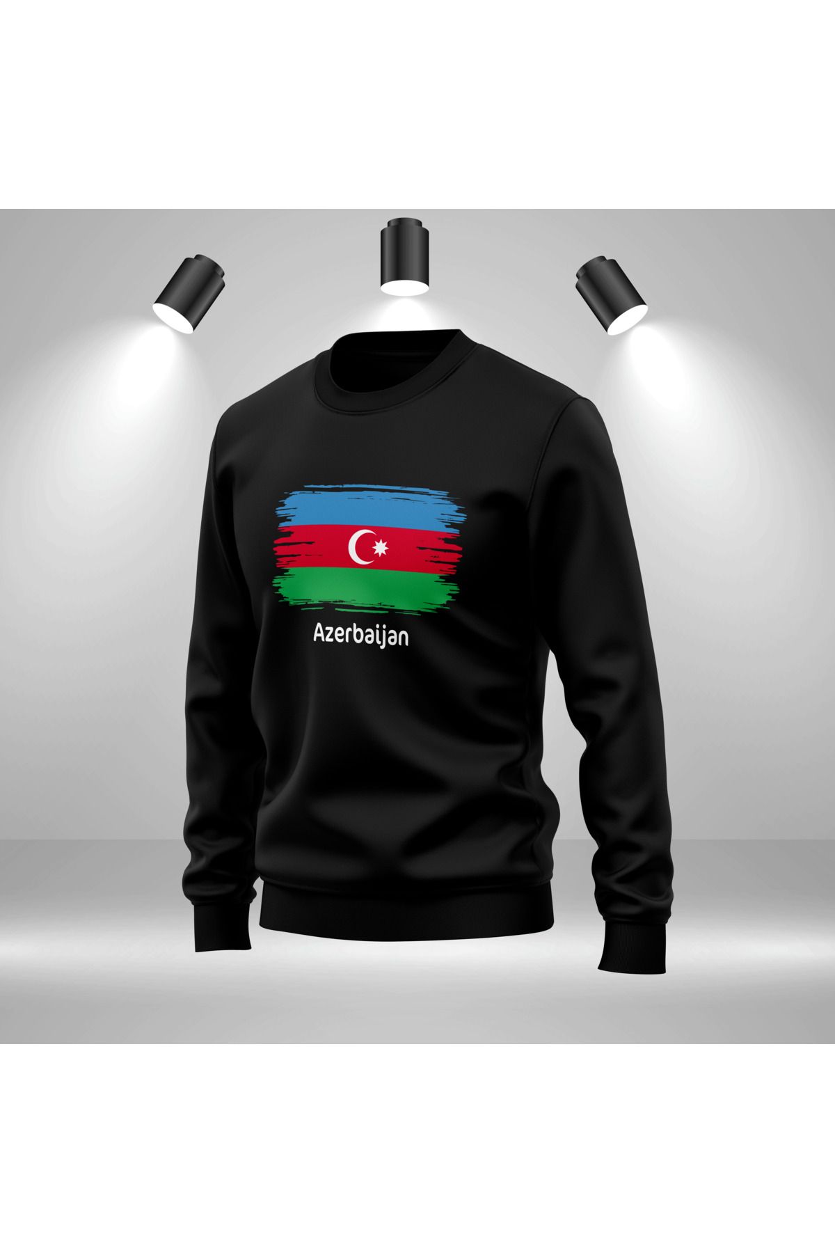 Bulvar Lee Erkek Sıfır Yaka Günlük %95 Pamuk %5 Likra Azerbaycan Bayrak Baskılı Sweatshirt