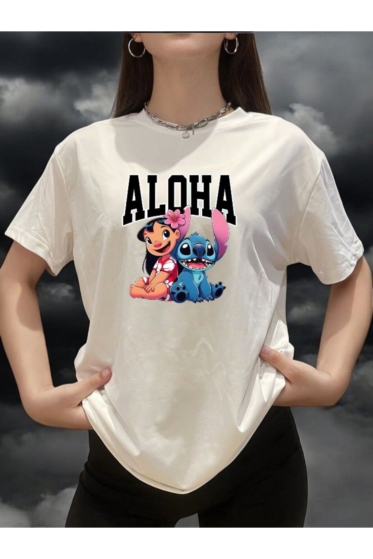 BLACKUMAY Aloha Baskılı Oversize Beyaz T-shirt