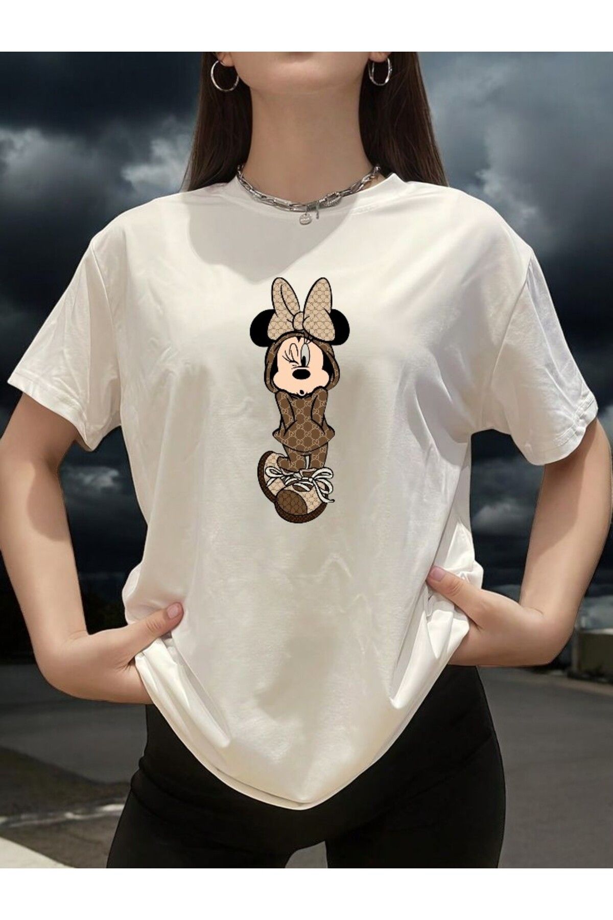 BLACKUMAY Kahverengi Kurdela Minnie Mouse Baskılı t-shirt