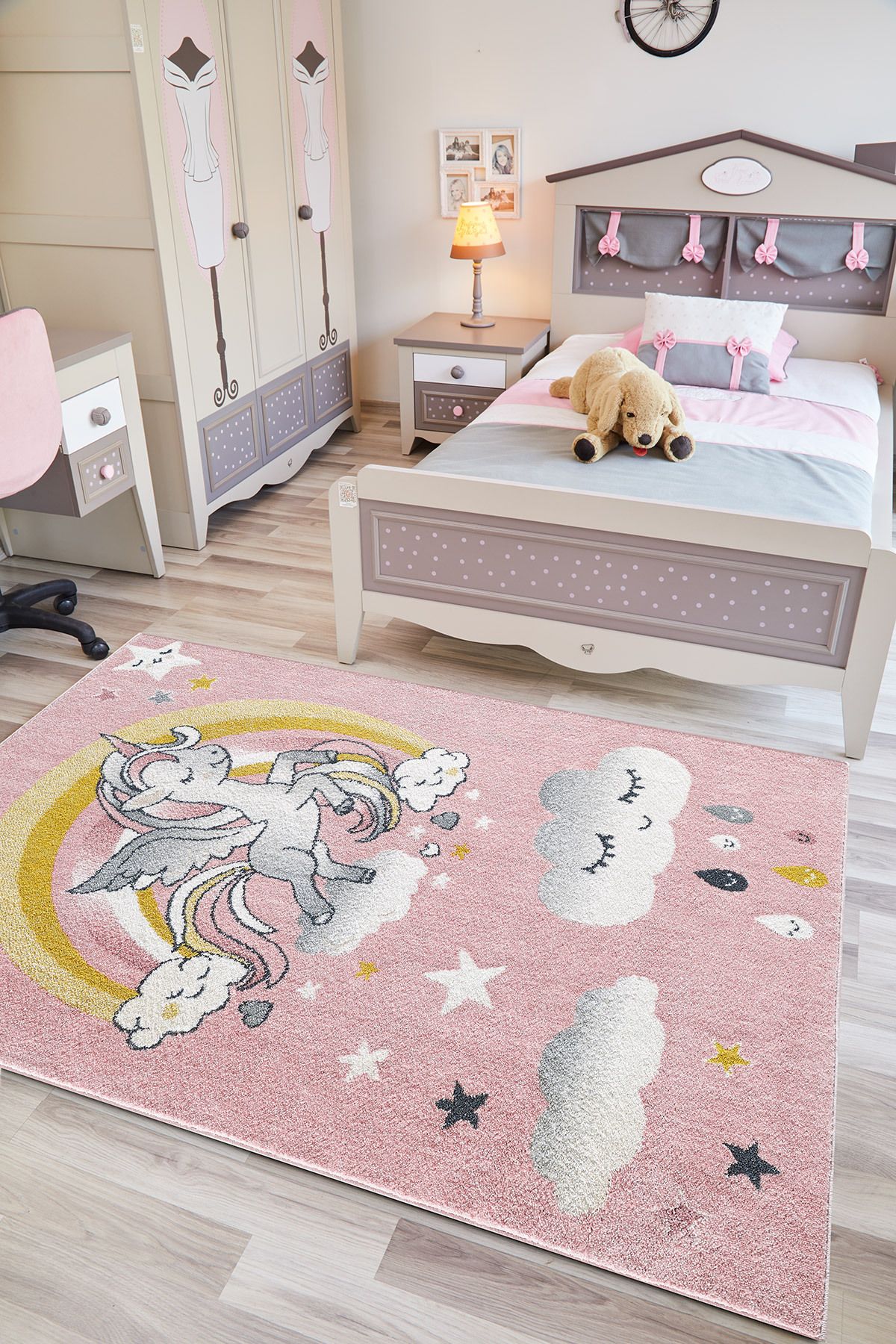 VEJA HOME Veja Kids Unicorn Desenli Pembe Yumuşak Antialerjik Tozumaz Bebek Odası Halısı